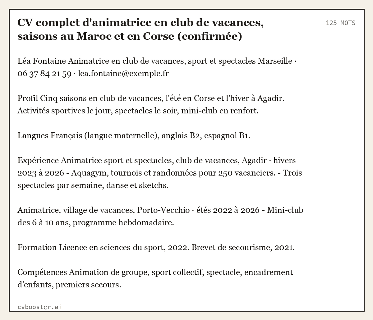 Exemple complet: CV complet d'animatrice en club de vacances, saisons au Maroc et en Corse (confirmée), 125 mots