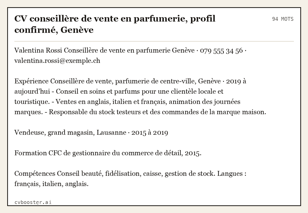 Exemple complet: CV conseillère de vente en parfumerie, profil confirmé, Genève, 94 mots