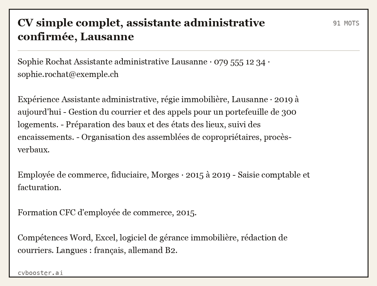 Exemple complet: CV simple complet, assistante administrative confirmée, Lausanne, 91 mots