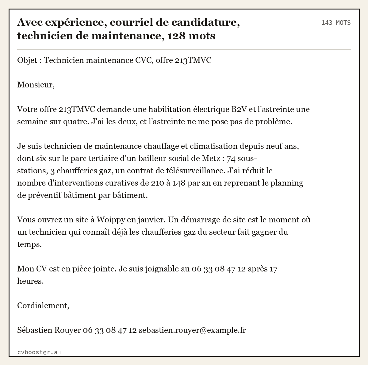 Exemple complet: Avec expérience, courriel de candidature, technicien de maintenance, 128 mots, 143 mots