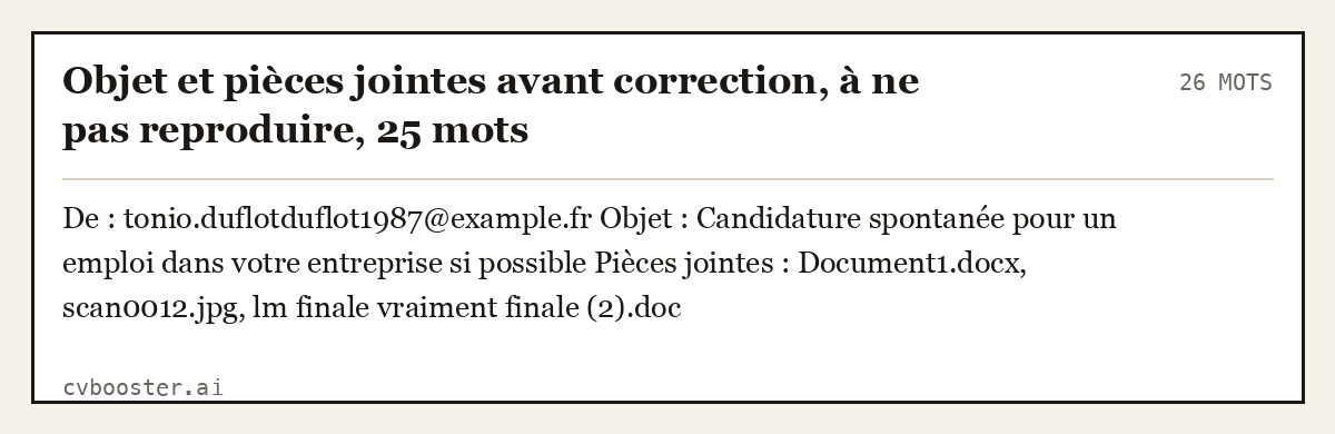Exemple complet: Objet et pièces jointes avant correction, à ne pas reproduire, 25 mots, 26 mots
