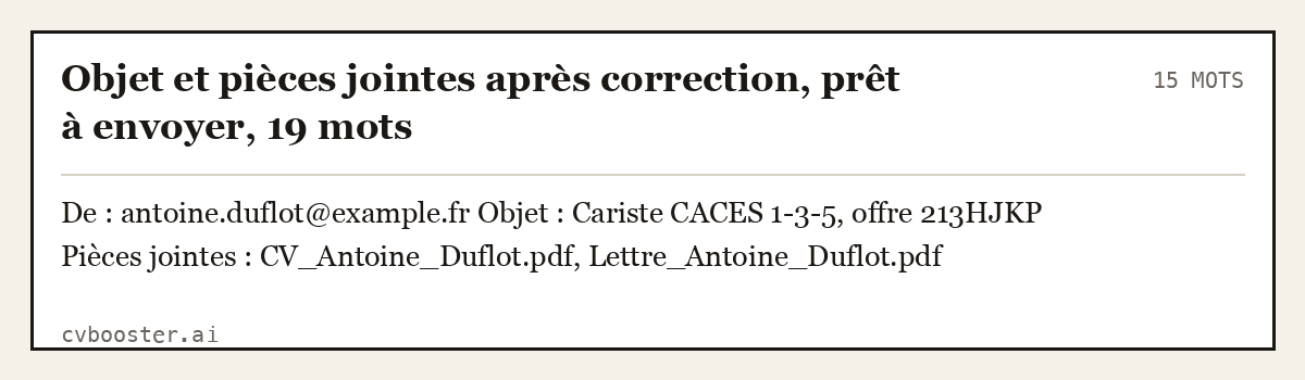 Exemple complet: Objet et pièces jointes après correction, prêt à envoyer, 19 mots, 15 mots