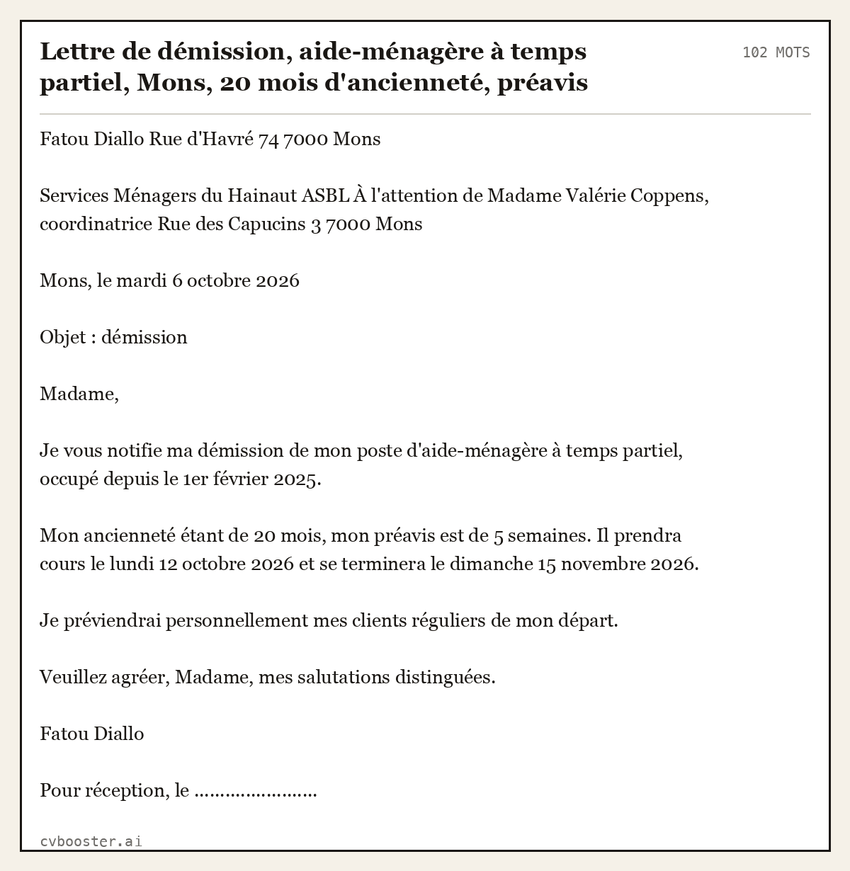 Exemple complet: Lettre de démission, aide-ménagère à temps partiel, Mons, 20 mois d'ancienneté, préavis de 5 semaines, 102 mots
