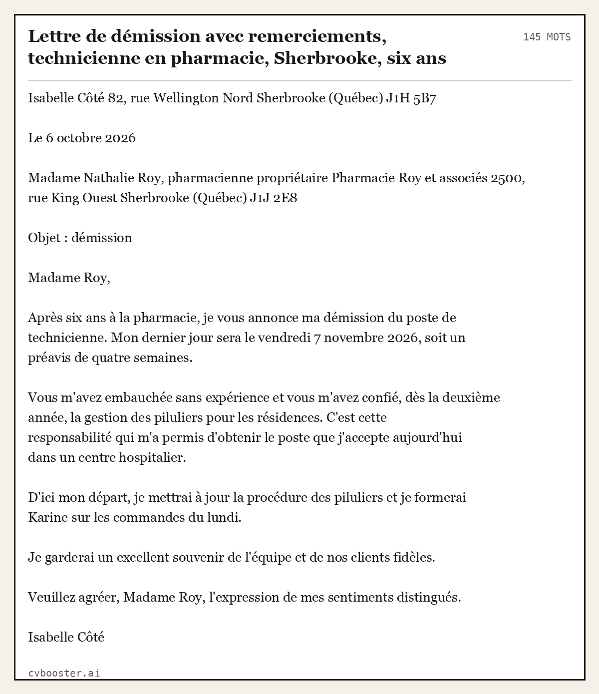Exemple complet: Lettre de démission avec remerciements, technicienne en pharmacie, Sherbrooke, six ans d'ancienneté, 145 mots