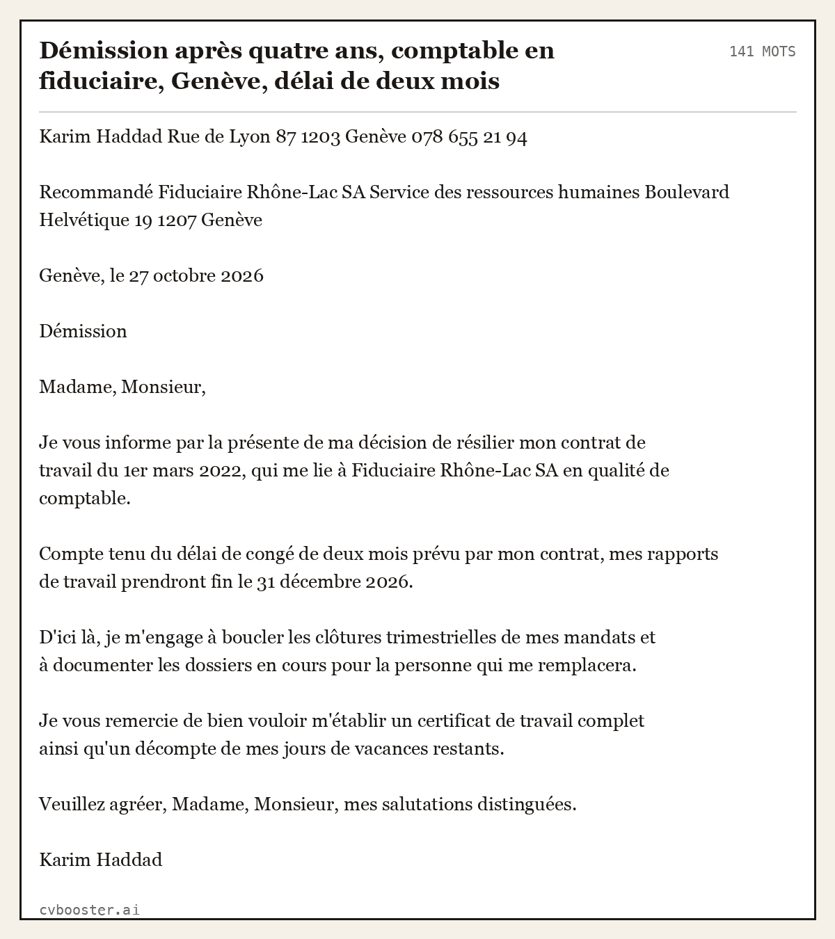 Exemple complet: Démission après quatre ans, comptable en fiduciaire, Genève, délai de deux mois, 141 mots