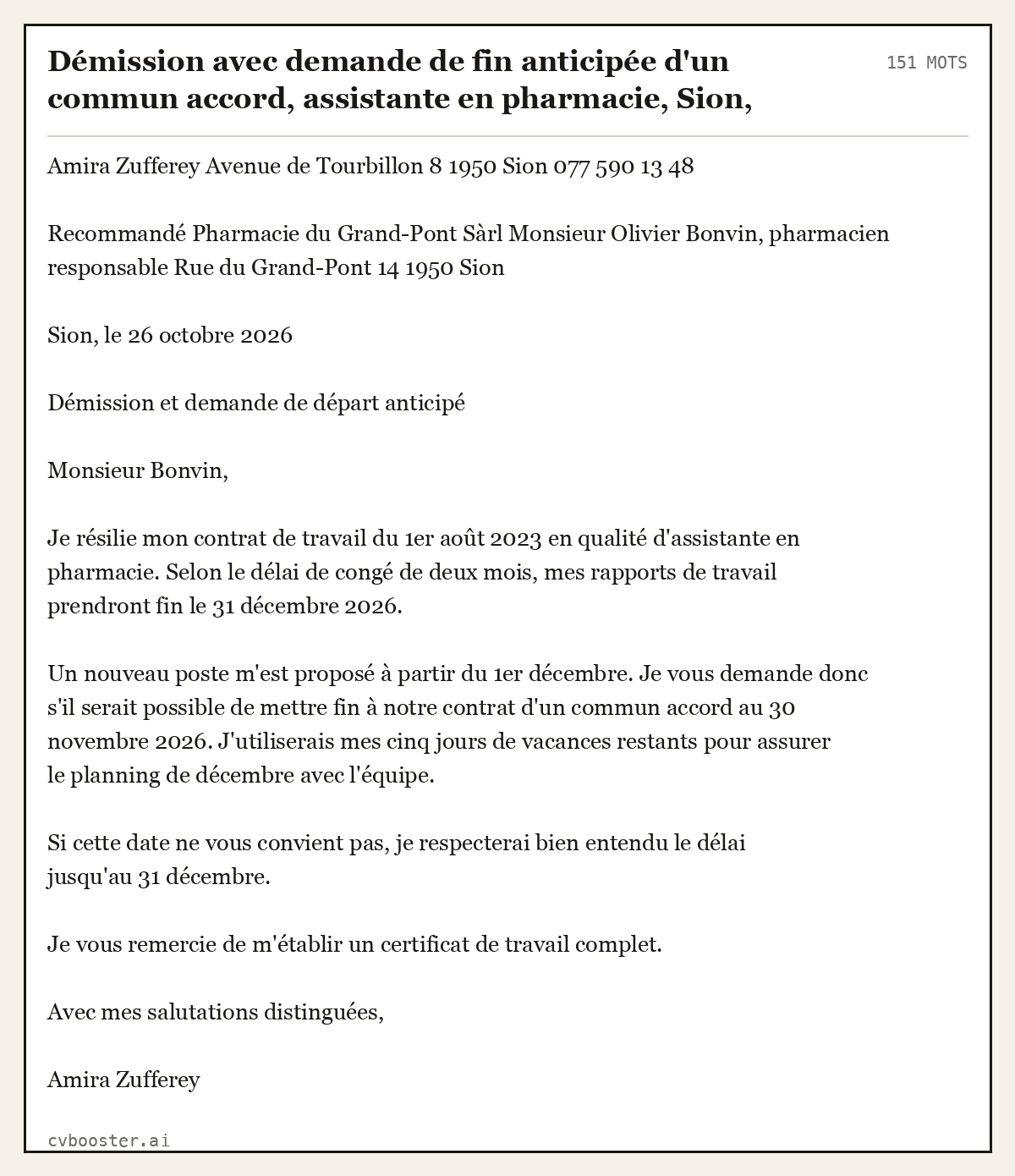 Exemple complet: Démission avec demande de fin anticipée d'un commun accord, assistante en pharmacie, Sion, deux mois de délai, 151 mots