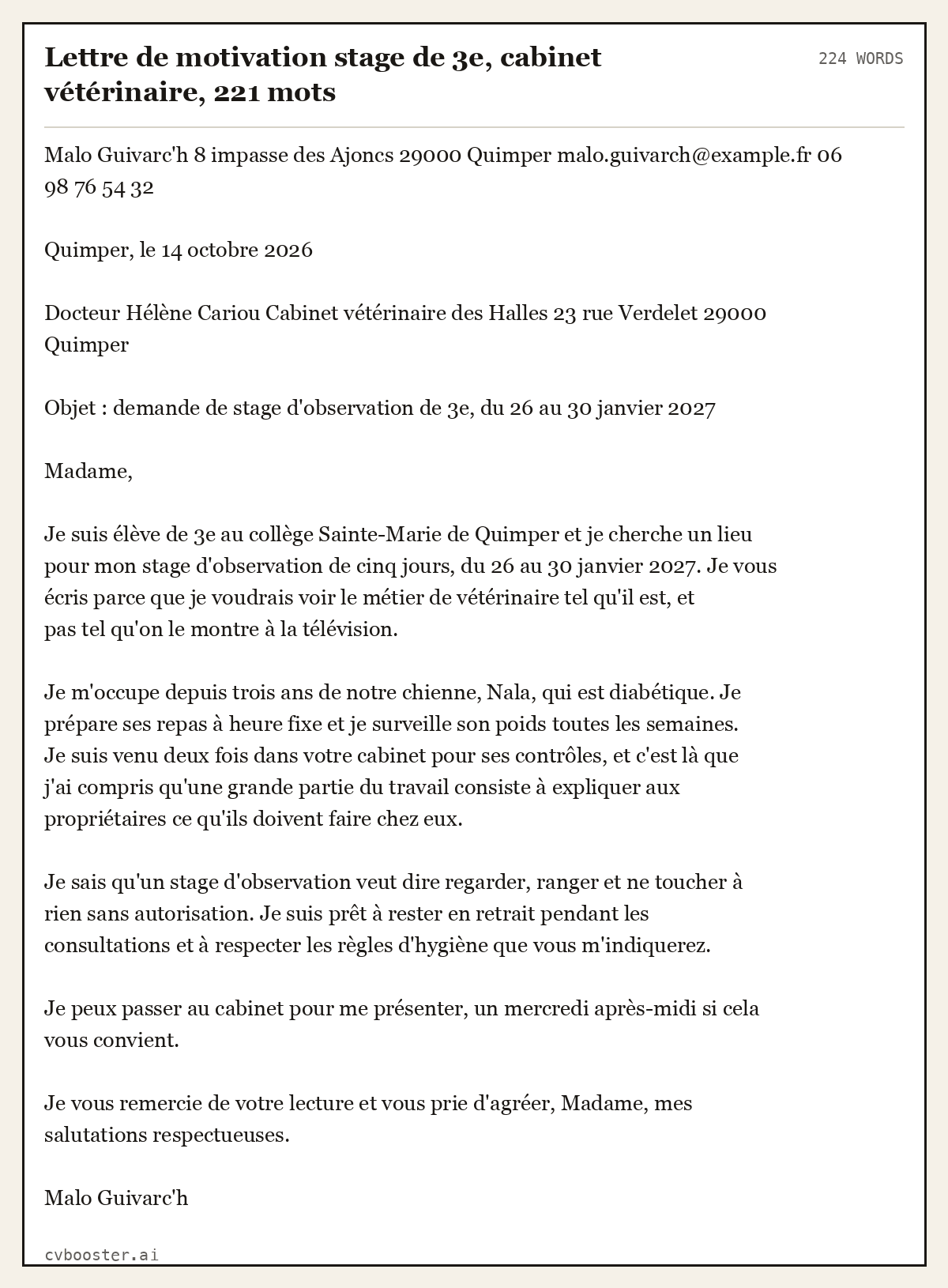 Exemple complet: Lettre de motivation stage de 3e, cabinet vétérinaire, 221 mots, 224 mots