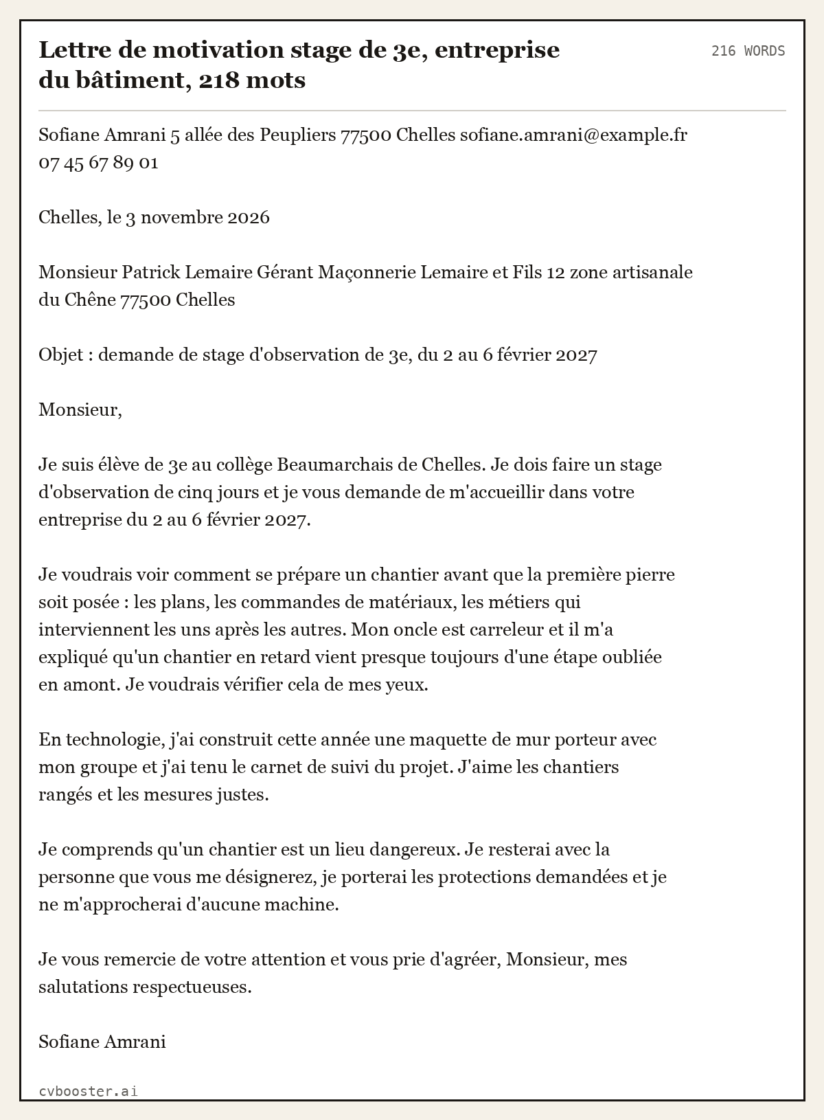 Exemple complet: Lettre de motivation stage de 3e, entreprise du bâtiment, 218 mots, 216 mots