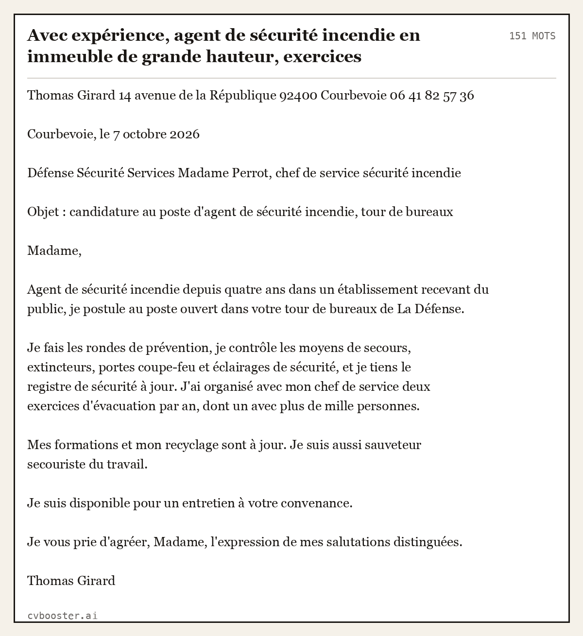 Exemple complet: Avec expérience, agent de sécurité incendie en immeuble de grande hauteur, exercices d'évacuation, France, 151 mots