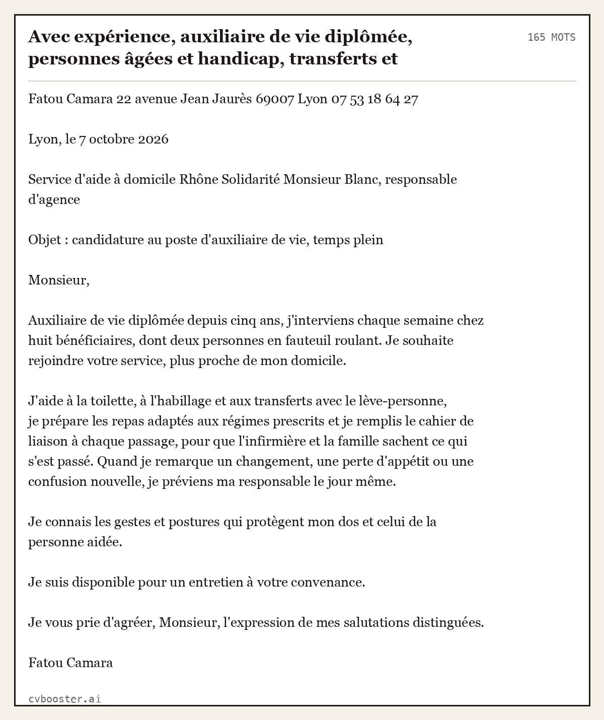 Exemple complet: Avec expérience, auxiliaire de vie diplômée, personnes âgées et handicap, transferts et cahier de liaison, 165 mots