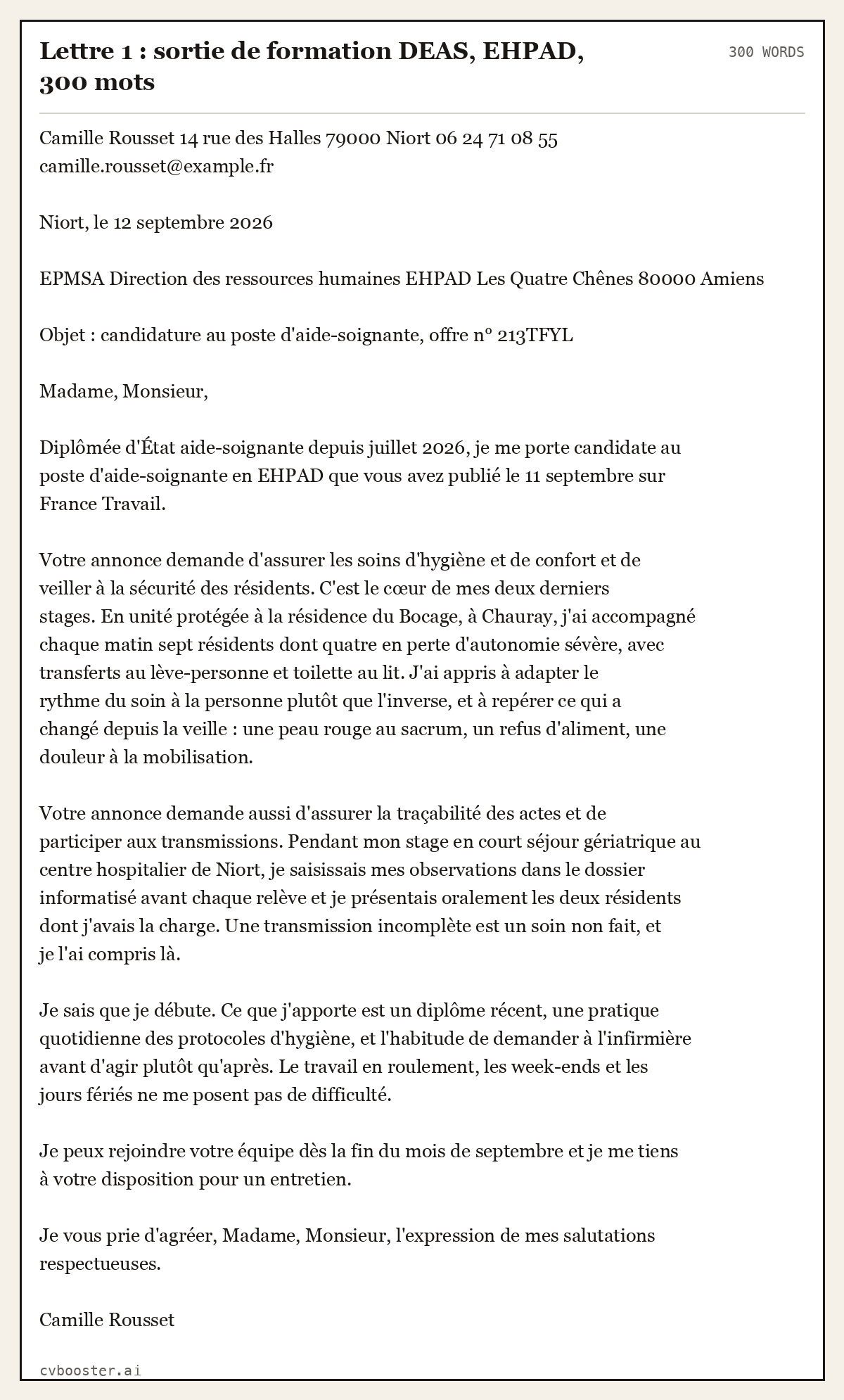Exemple complet: Lettre 1 : sortie de formation DEAS, EHPAD, 300 mots, 300 mots