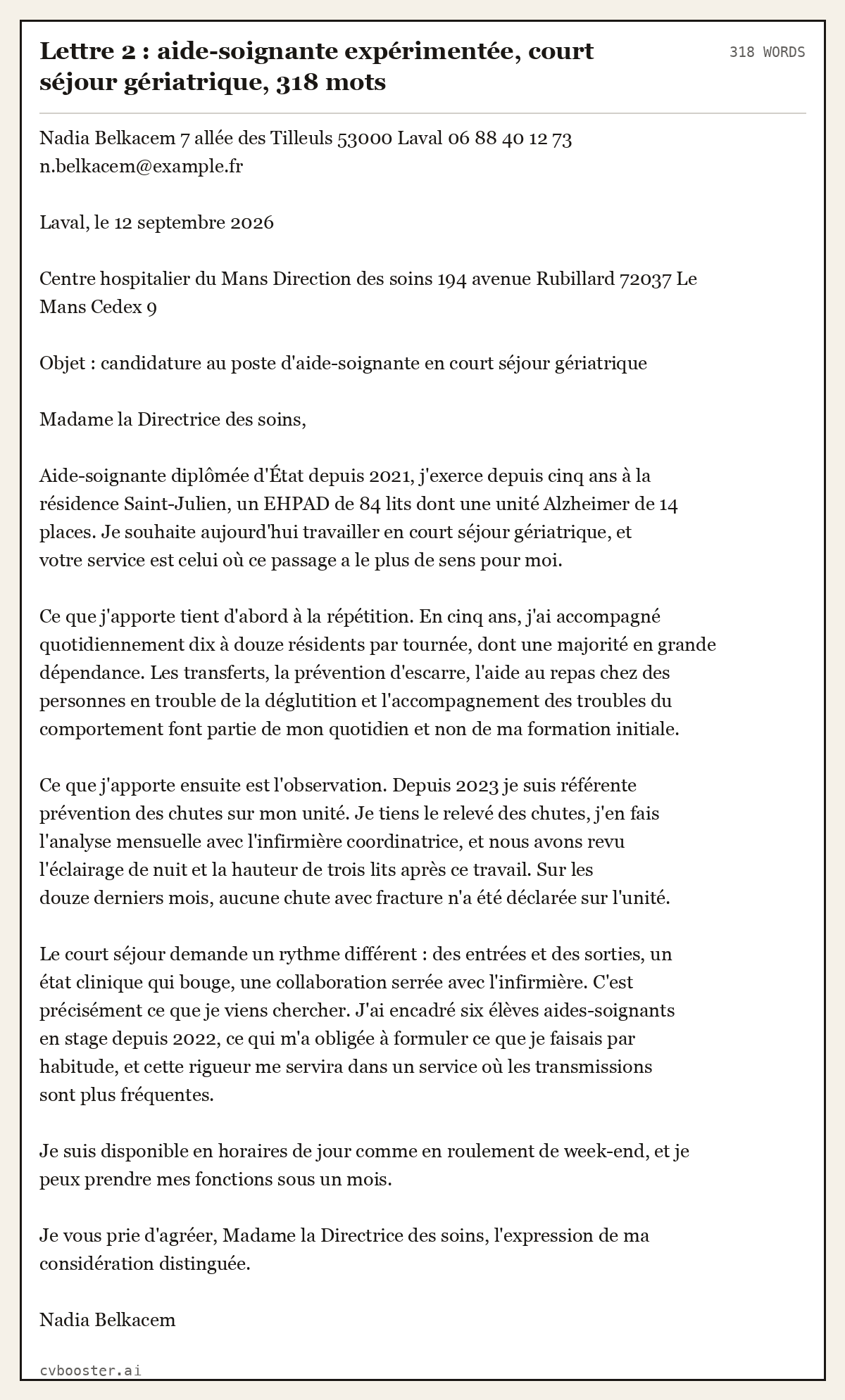 Exemple complet: Lettre 2 : aide-soignante expérimentée, court séjour gériatrique, 318 mots, 318 mots