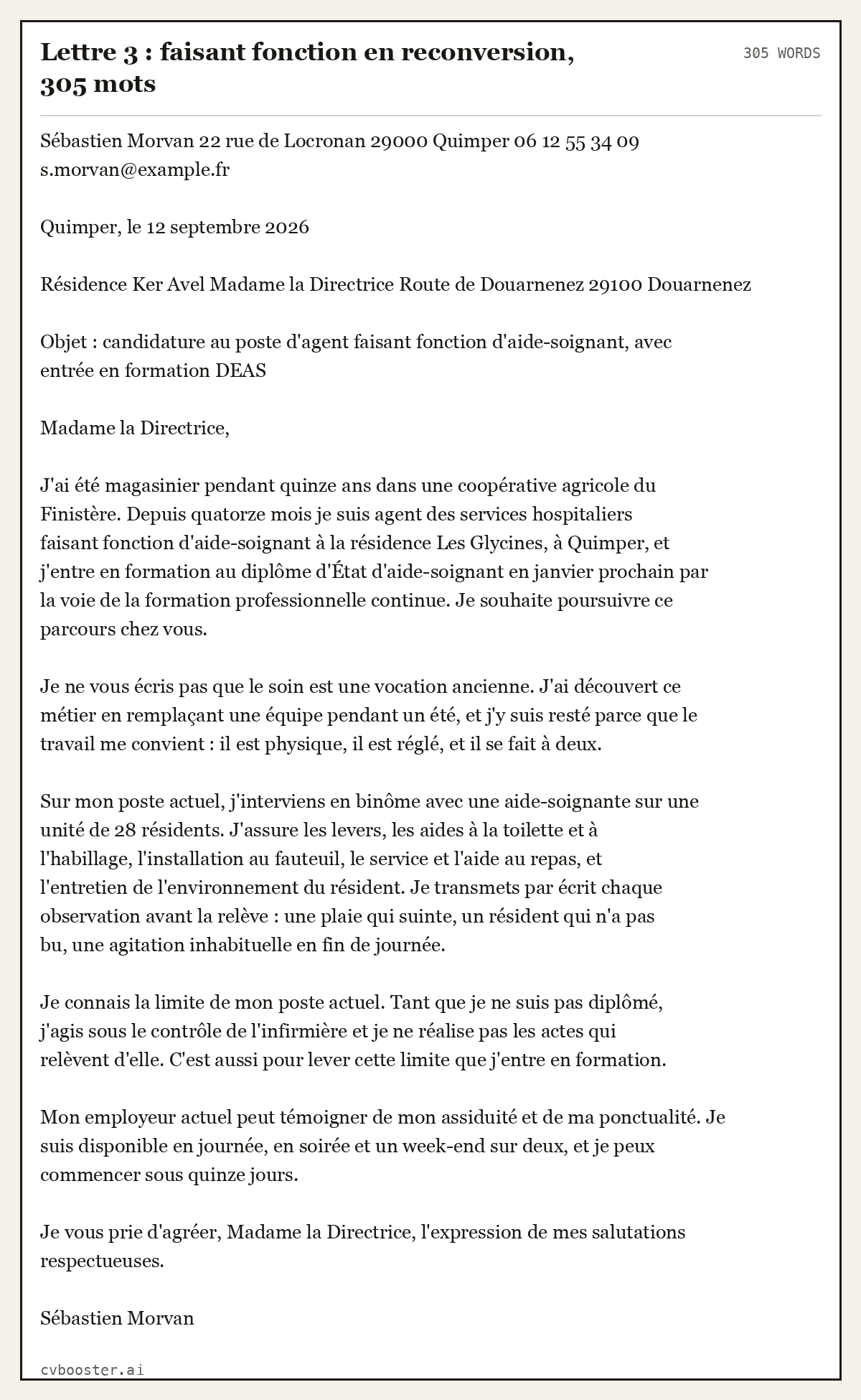 Exemple complet: Lettre 3 : faisant fonction en reconversion, 305 mots, 305 mots
