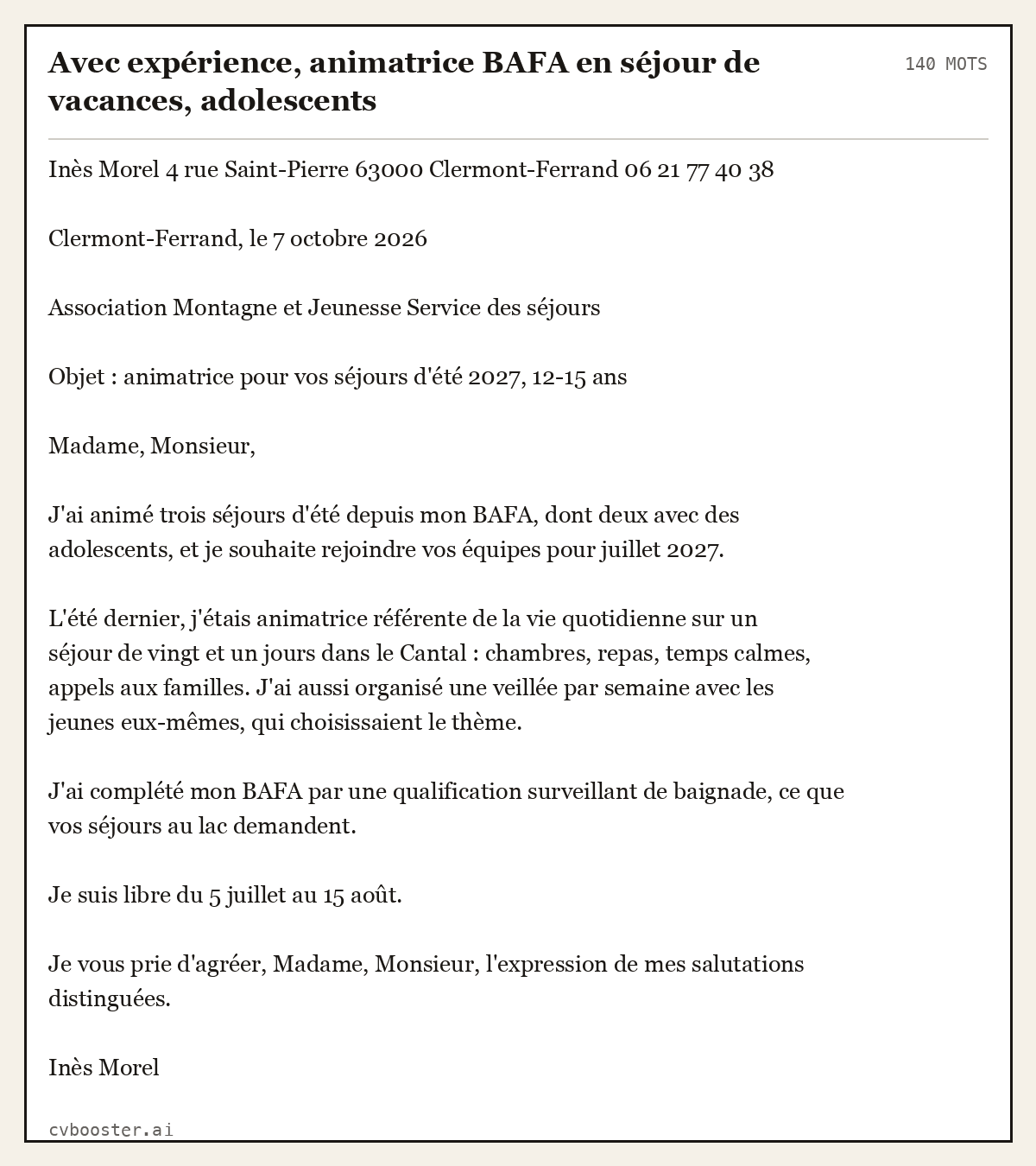 Exemple complet: Avec expérience, animatrice BAFA en séjour de vacances, adolescents, 140 mots