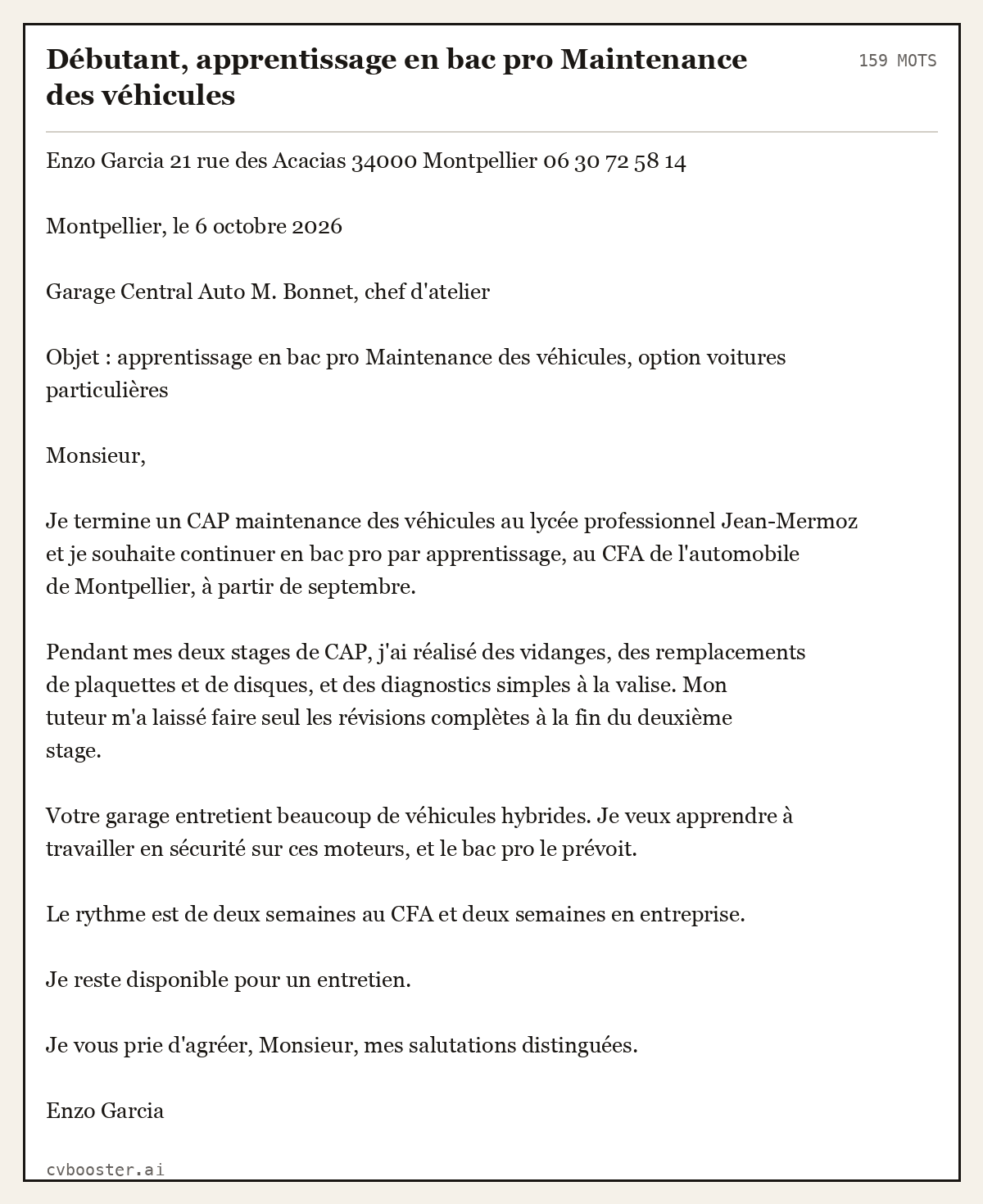 Exemple complet: Débutant, apprentissage en bac pro Maintenance des véhicules, 159 mots