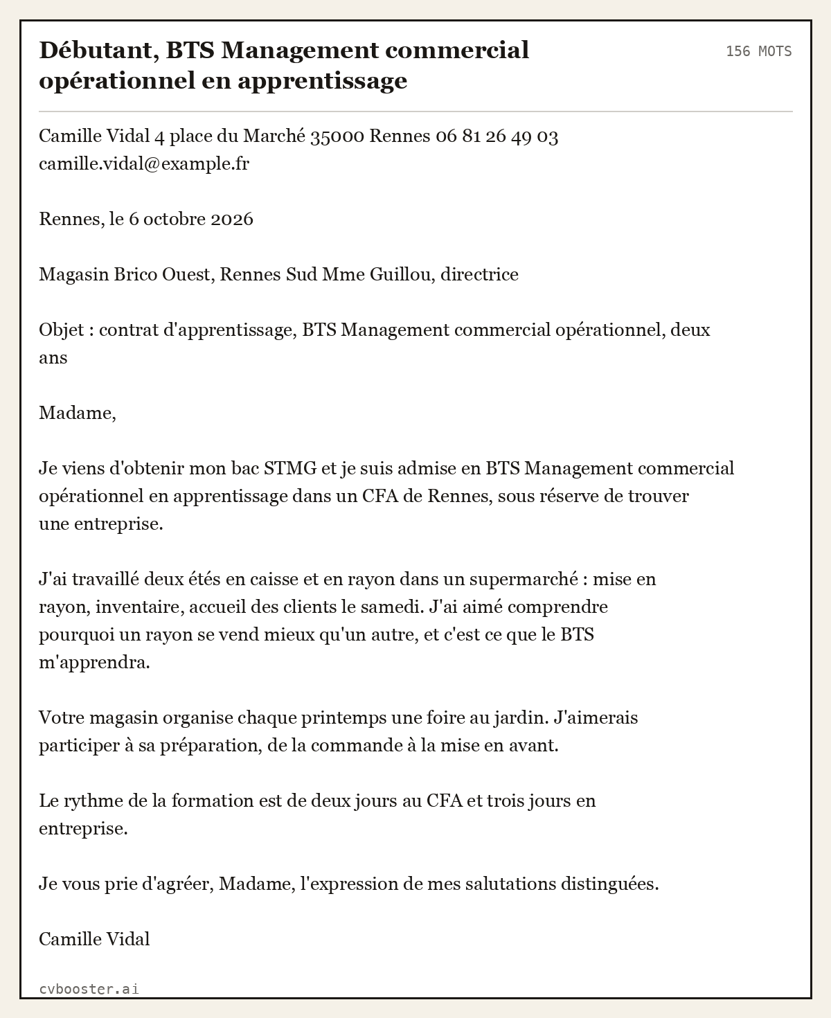 Exemple complet: Débutant, BTS Management commercial opérationnel en apprentissage, 156 mots