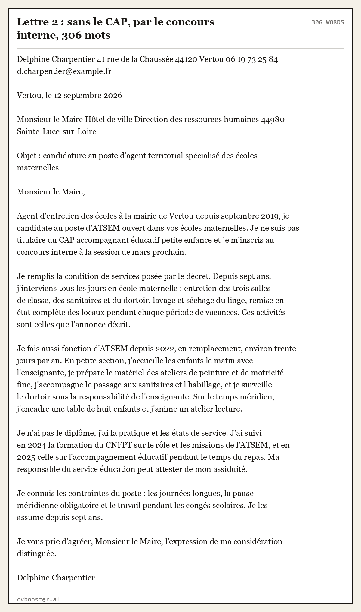 Exemple complet: Lettre 2 : sans le CAP, par le concours interne, 306 mots, 306 mots