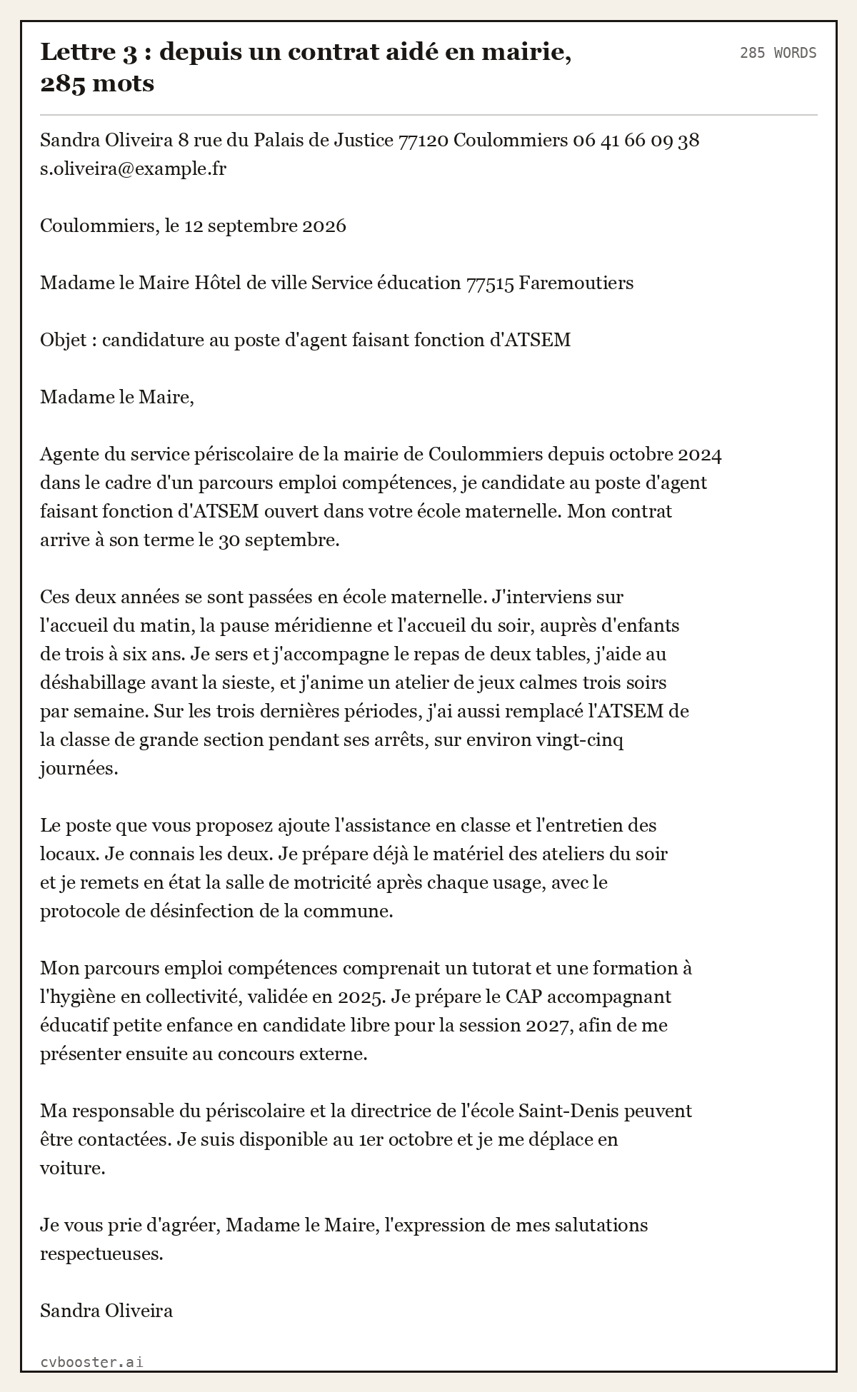 Exemple complet: Lettre 3 : depuis un contrat aidé en mairie, 285 mots, 285 mots