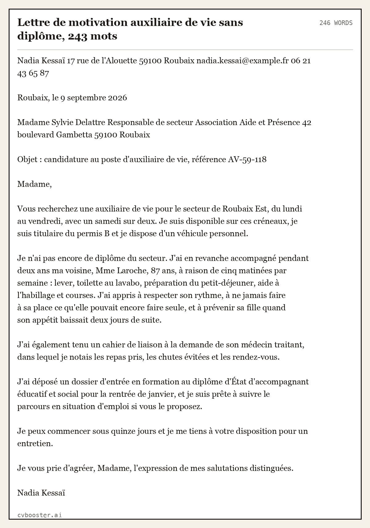 Exemple complet: Lettre de motivation auxiliaire de vie sans diplôme, 243 mots, 246 mots