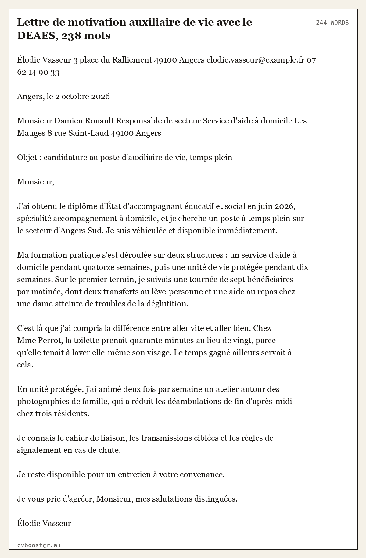 Exemple complet: Lettre de motivation auxiliaire de vie avec le DEAES, 238 mots, 244 mots
