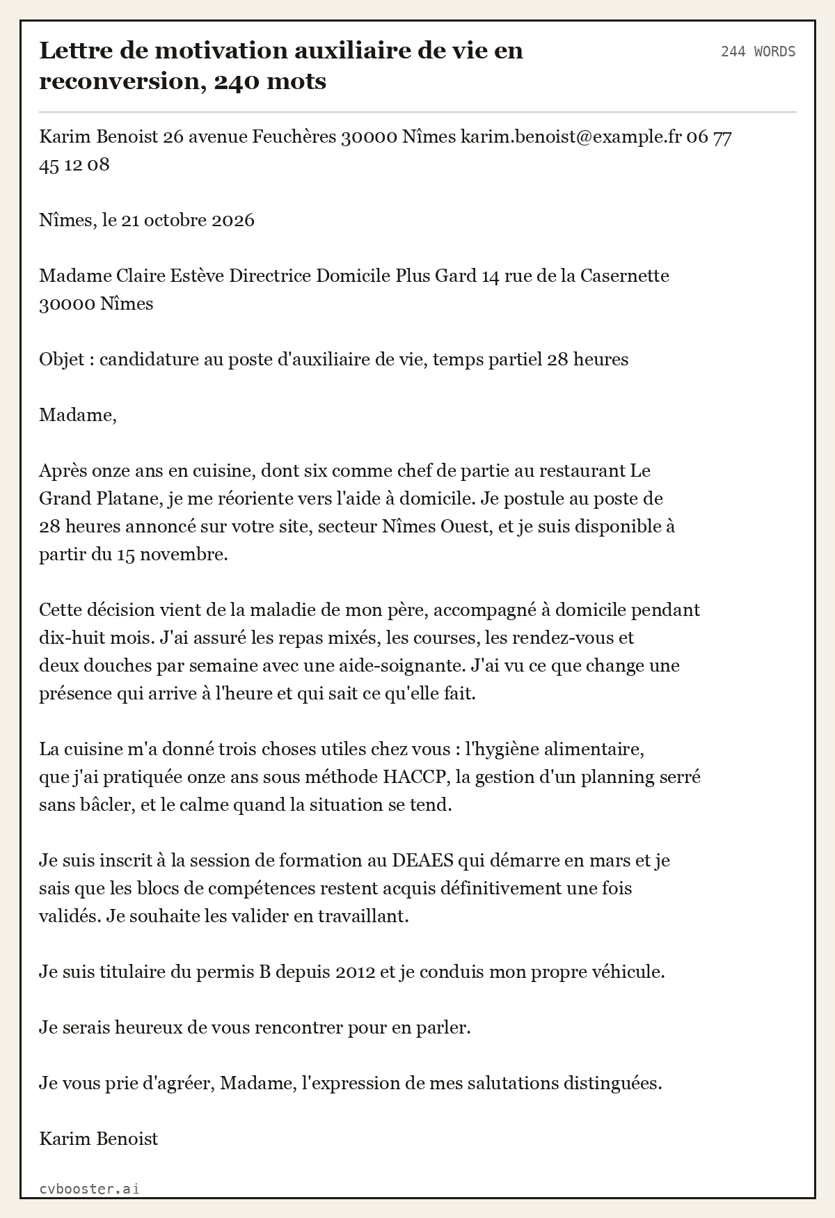 Exemple complet: Lettre de motivation auxiliaire de vie en reconversion, 240 mots, 244 mots