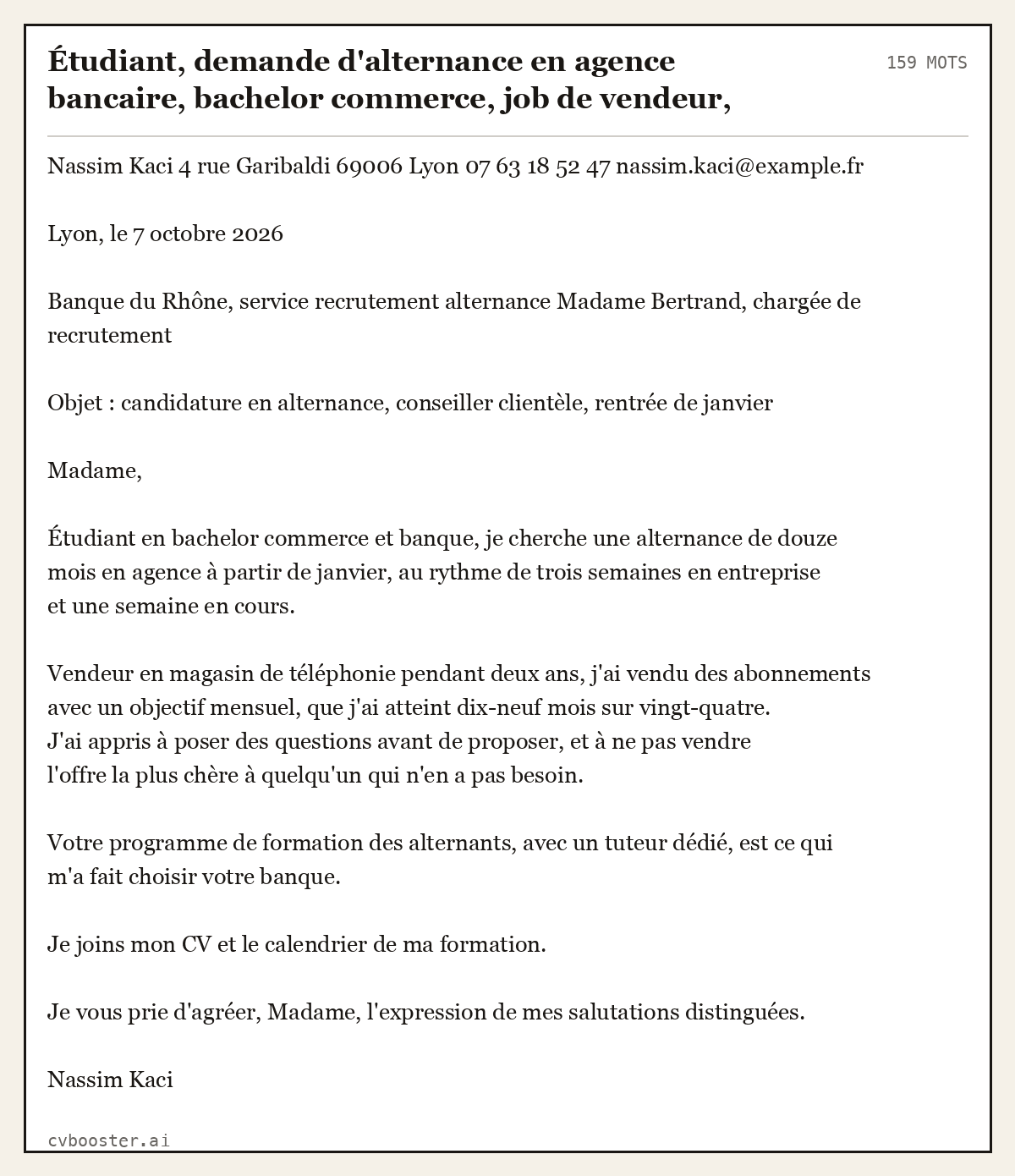 Exemple complet: Étudiant, demande d'alternance en agence bancaire, bachelor commerce, job de vendeur, Lyon, 159 mots