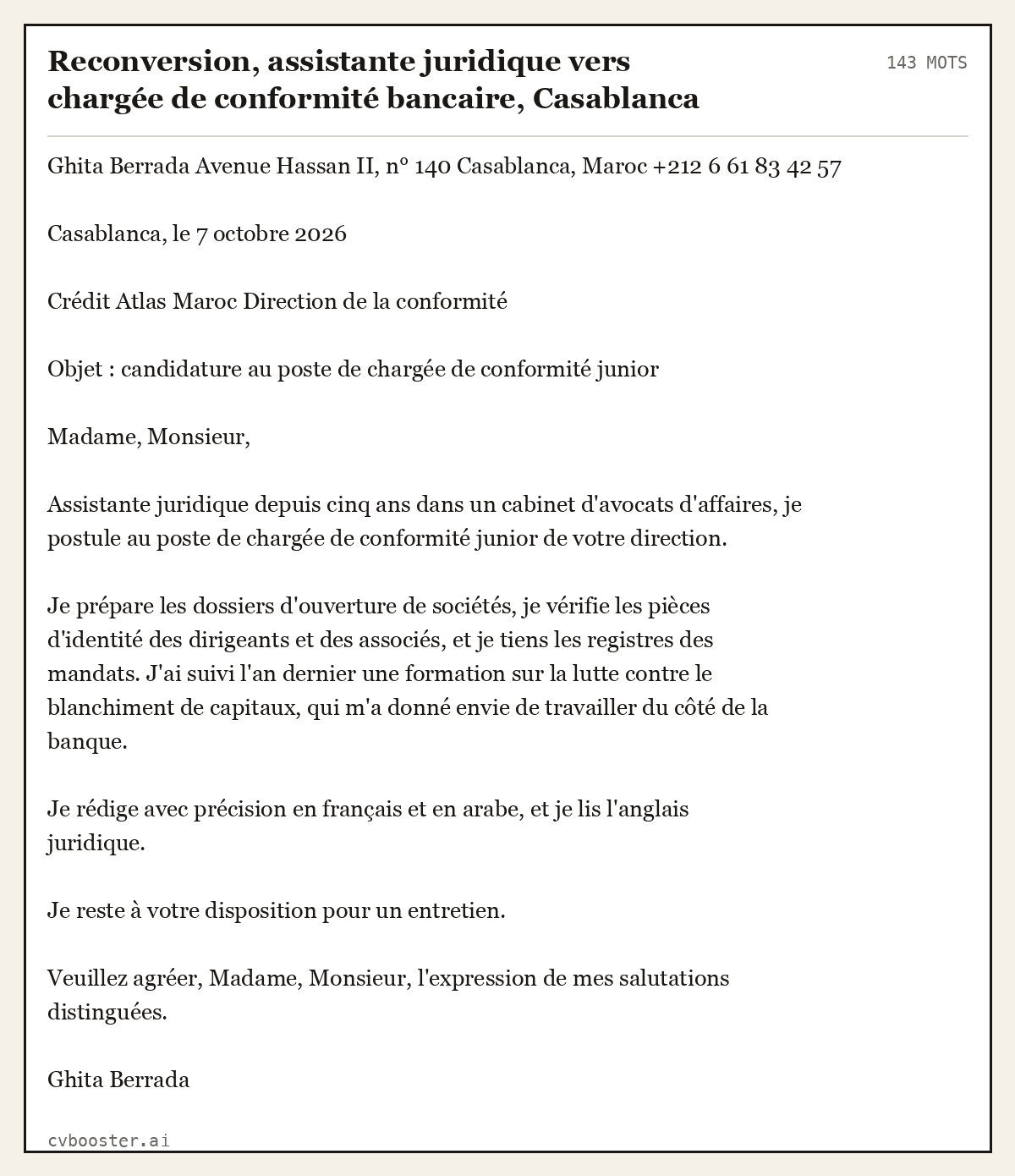 Exemple complet: Reconversion, assistante juridique vers chargée de conformité bancaire, Casablanca, 143 mots
