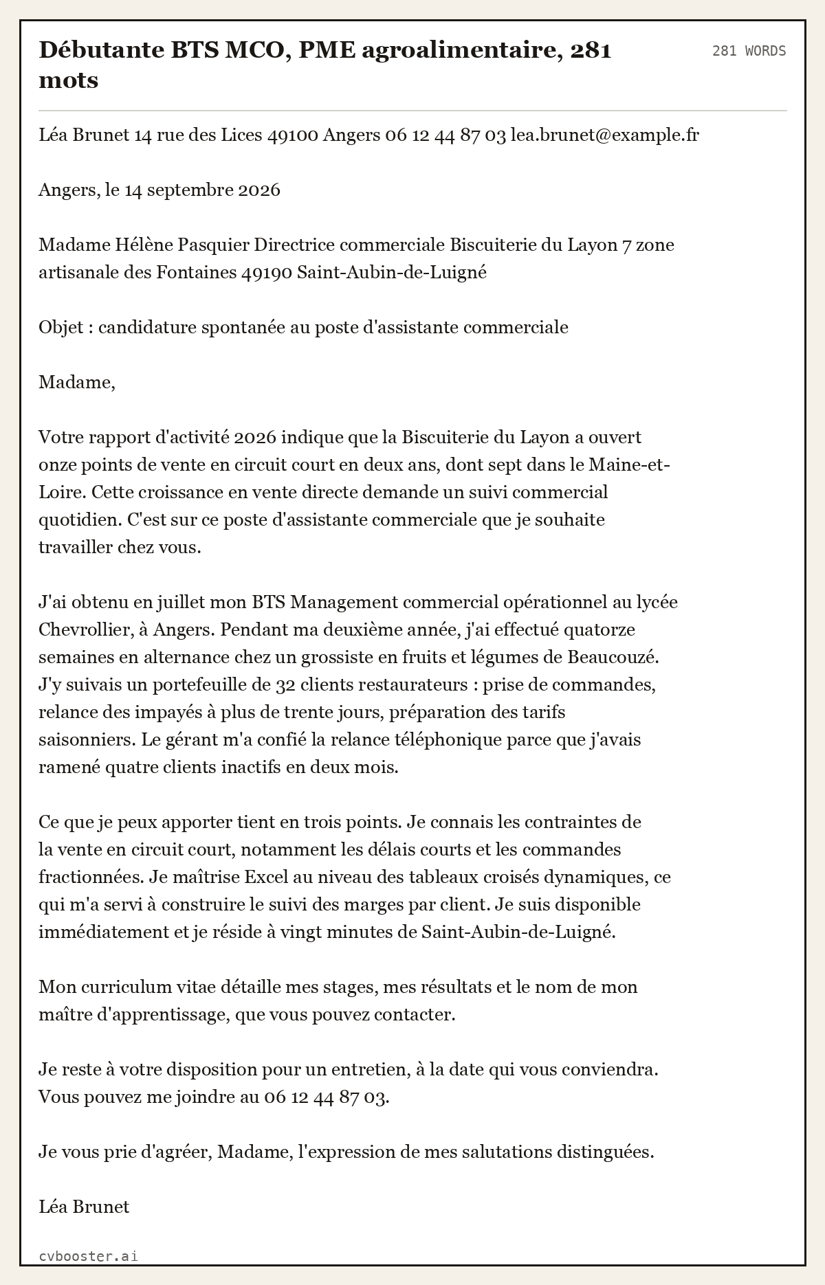 Exemple complet: Débutante BTS MCO, PME agroalimentaire, 281 mots, 281 mots