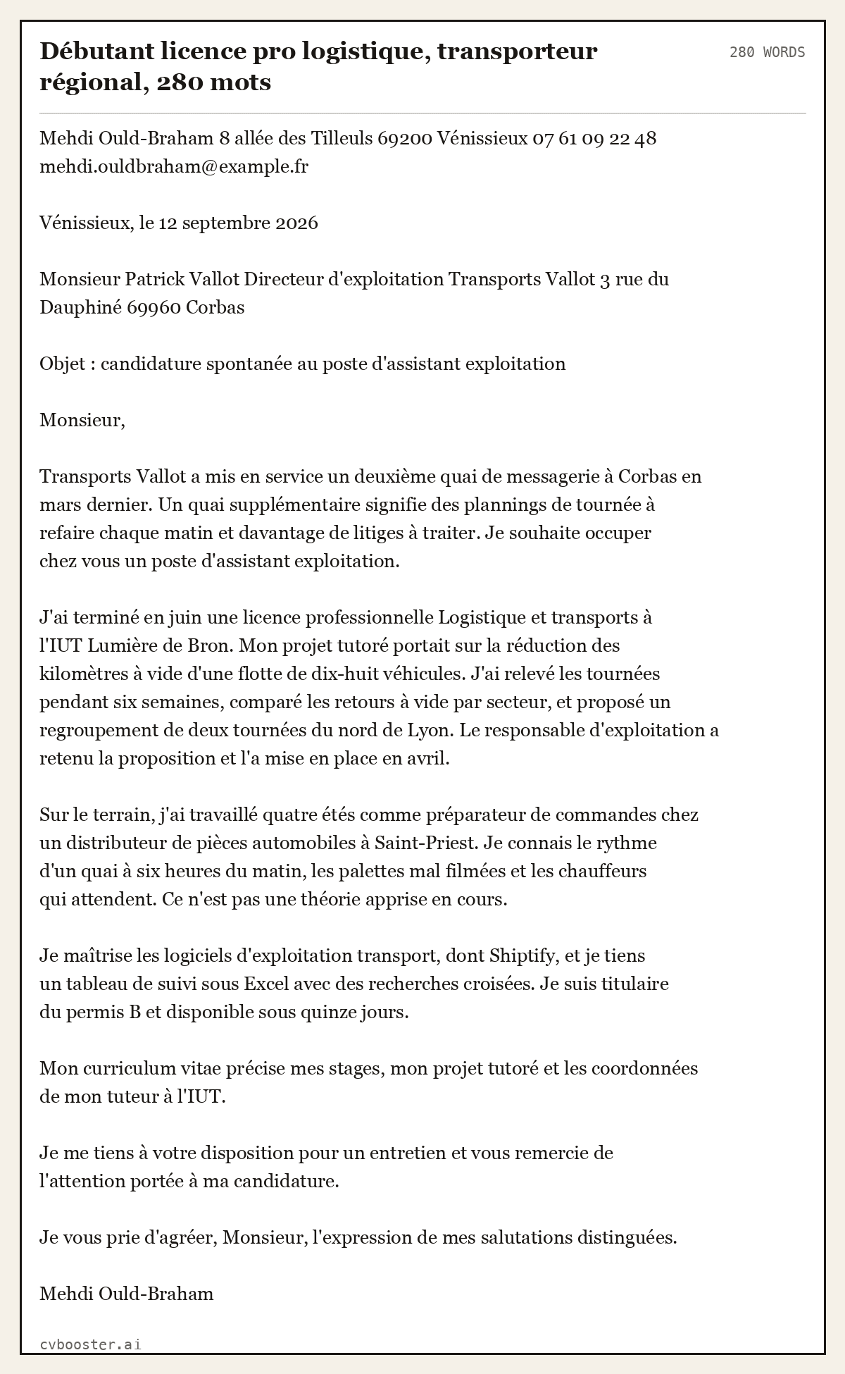 Exemple complet: Débutant licence pro logistique, transporteur régional, 280 mots, 280 mots