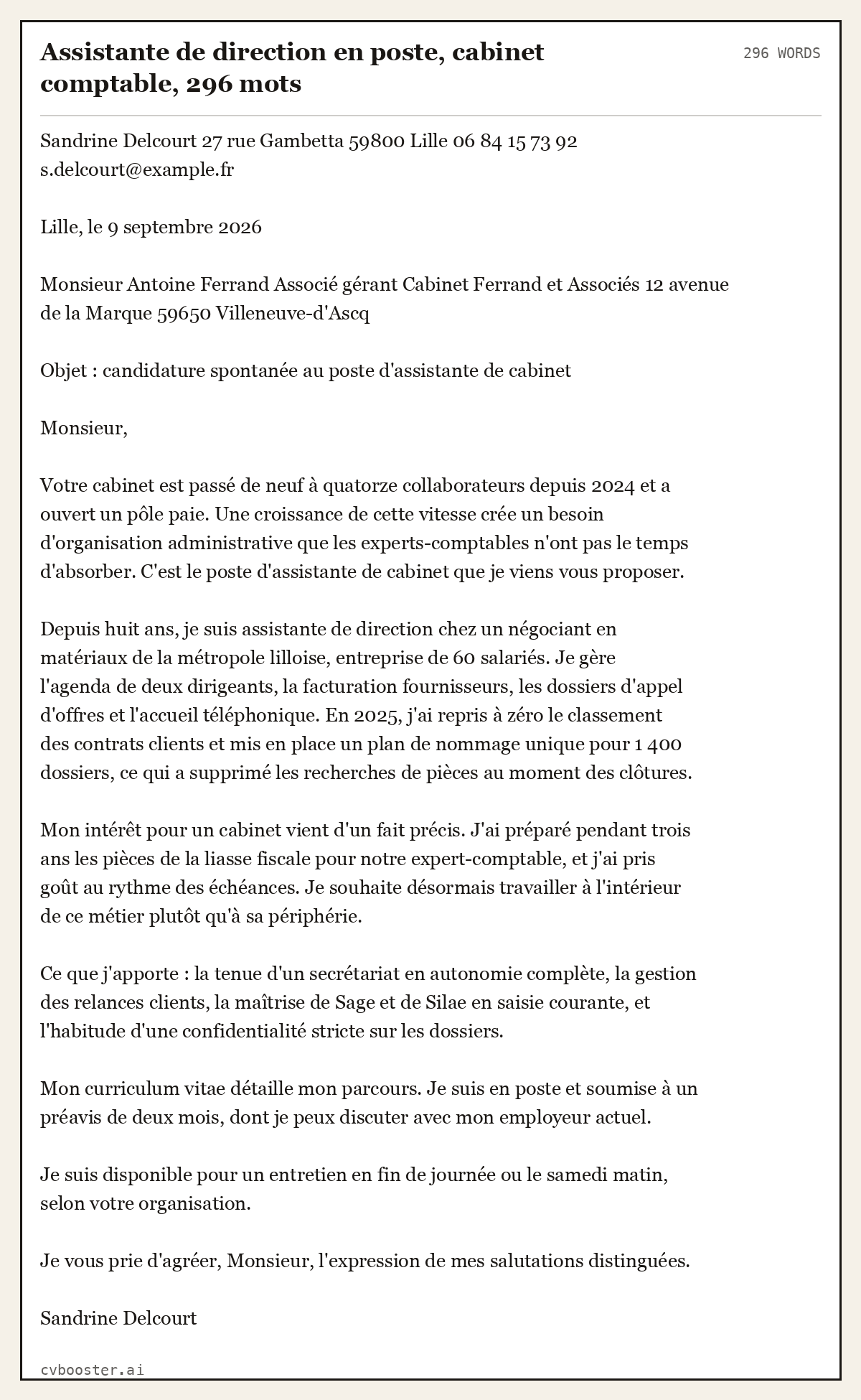 Exemple complet: Assistante de direction en poste, cabinet comptable, 296 mots, 296 mots