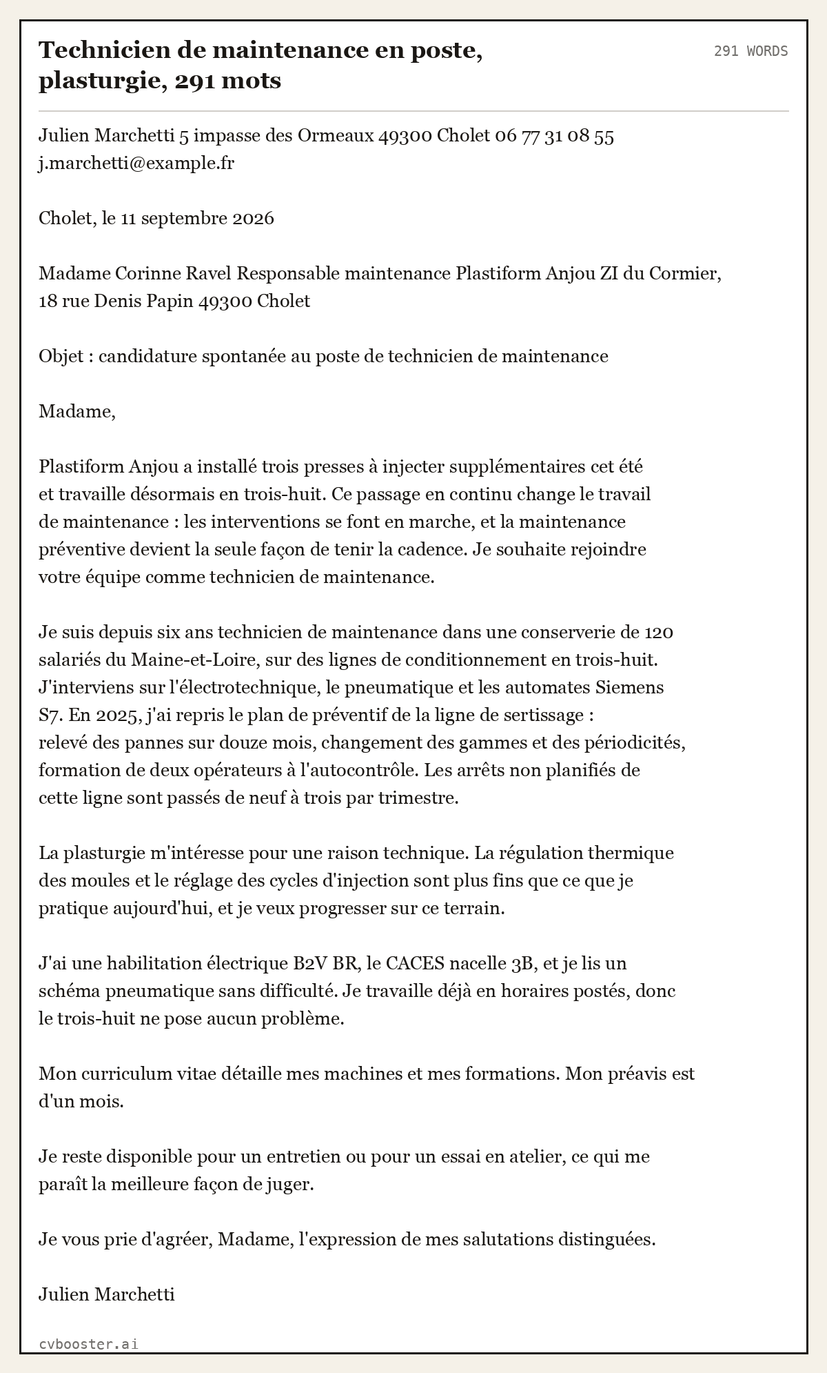 Exemple complet: Technicien de maintenance en poste, plasturgie, 291 mots, 291 mots