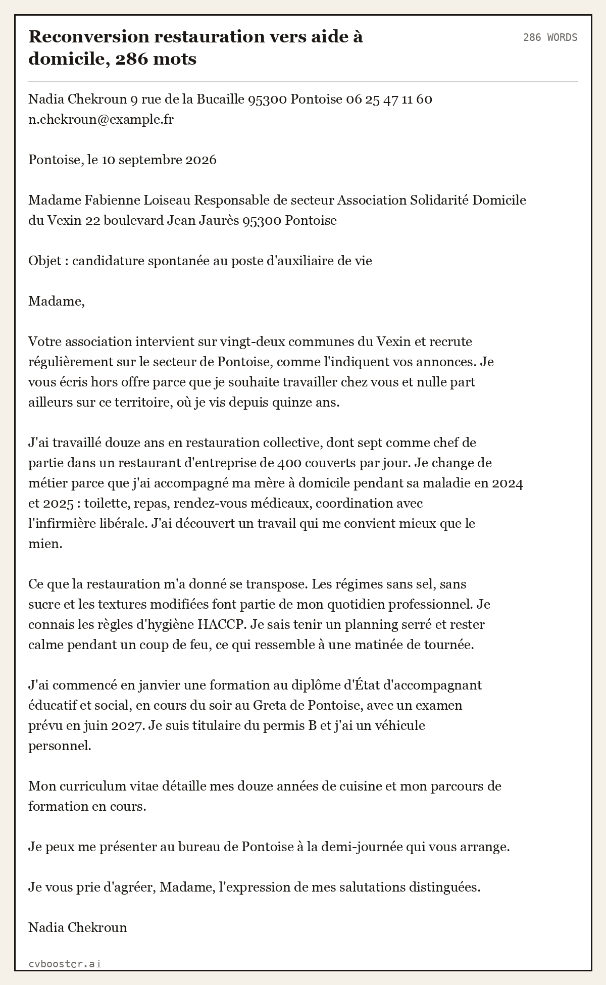Exemple complet: Reconversion restauration vers aide à domicile, 286 mots, 286 mots