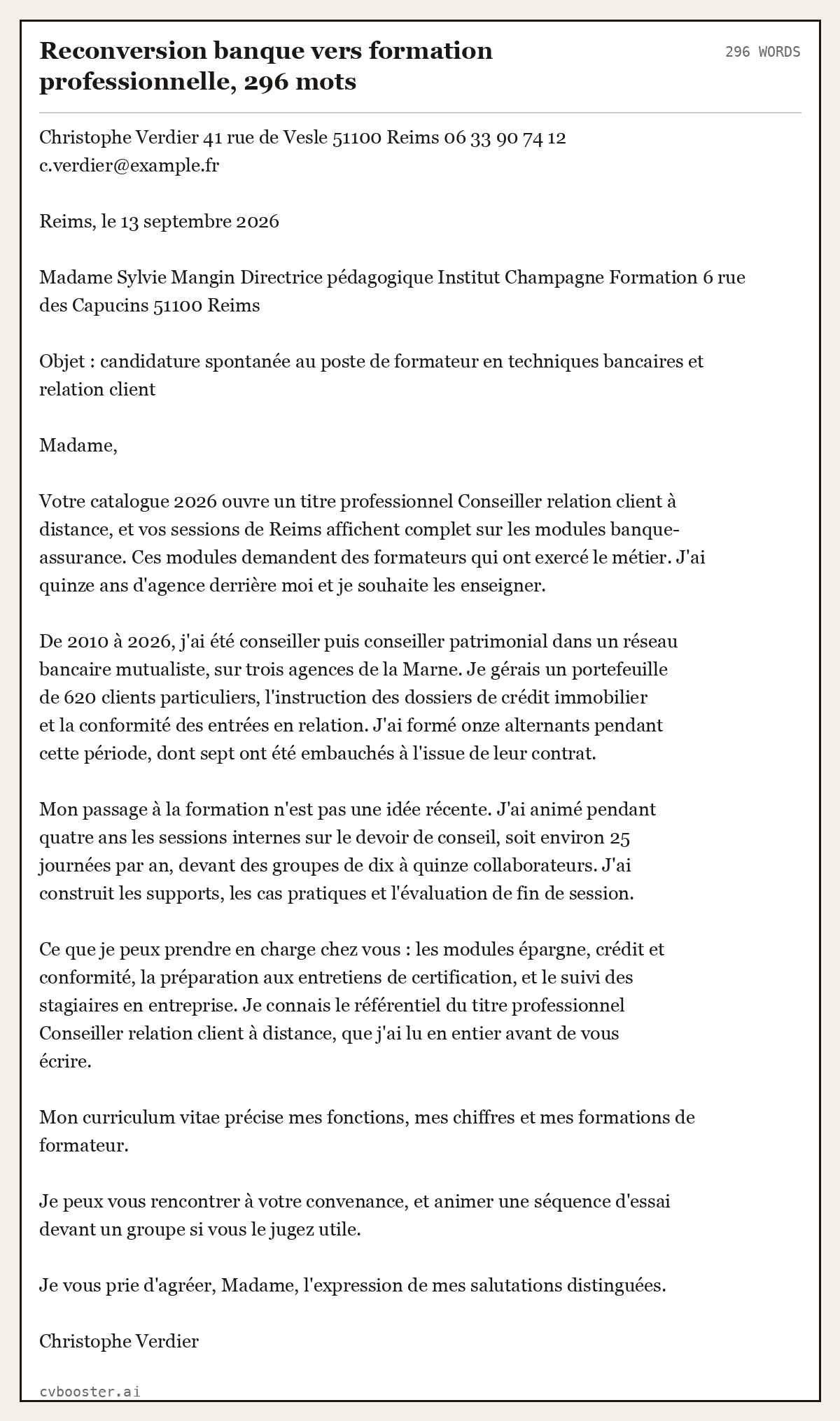 Exemple complet: Reconversion banque vers formation professionnelle, 296 mots, 296 mots