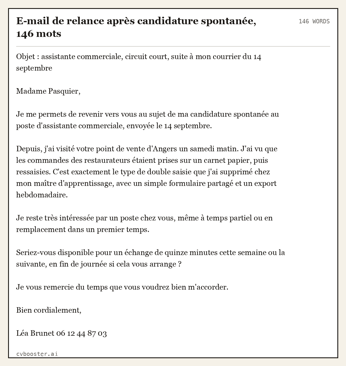Exemple complet: E-mail de relance après candidature spontanée, 146 mots, 146 mots