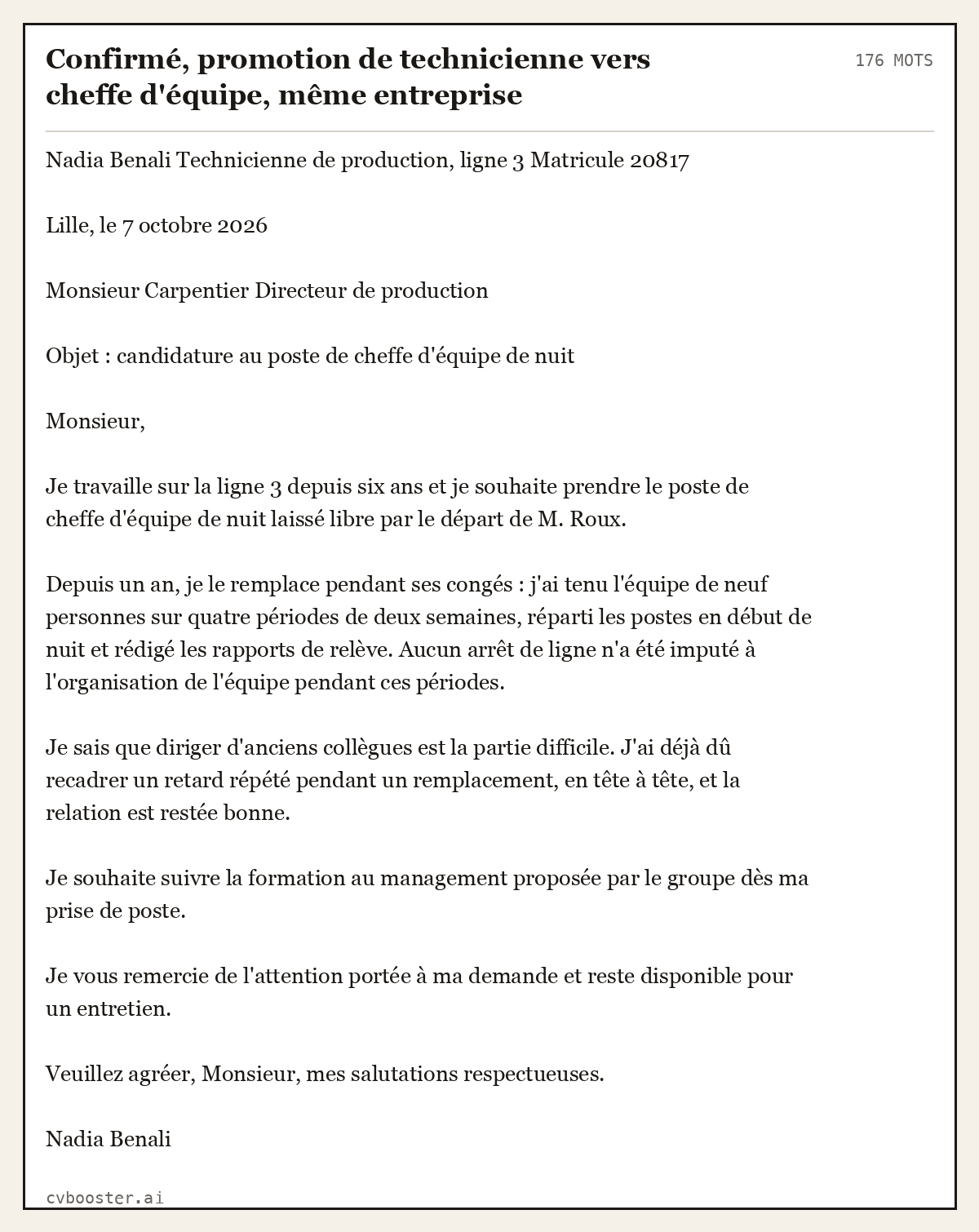 Exemple complet: Confirmé, promotion de technicienne vers cheffe d'équipe, même entreprise, 176 mots