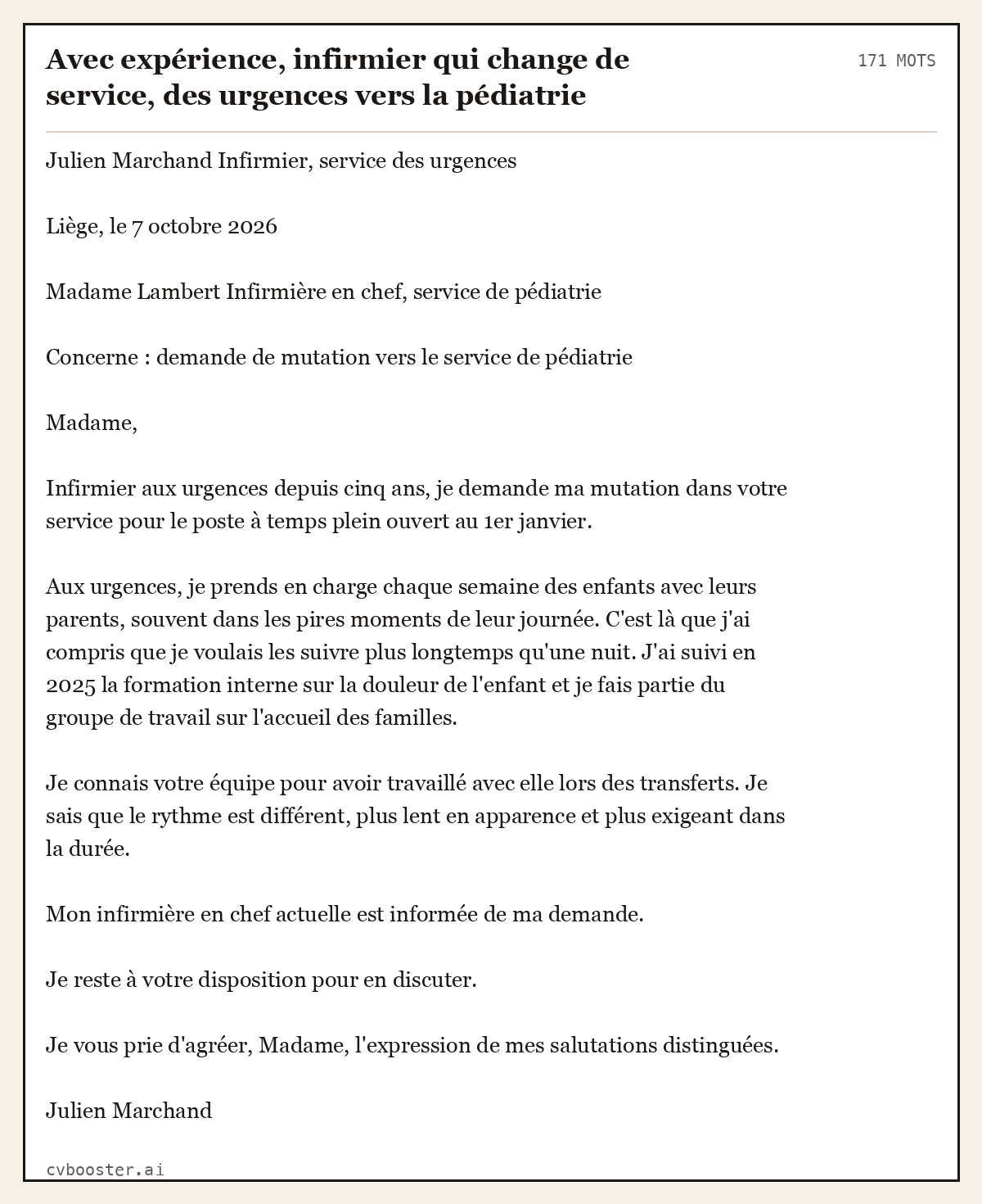 Exemple complet: Avec expérience, infirmier qui change de service, des urgences vers la pédiatrie, 171 mots