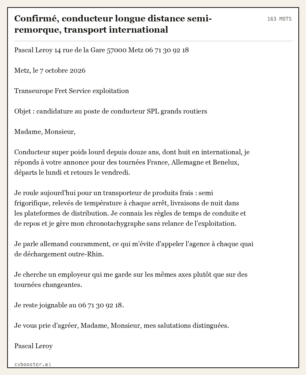 Exemple complet: Confirmé, conducteur longue distance semi-remorque, transport international, 163 mots