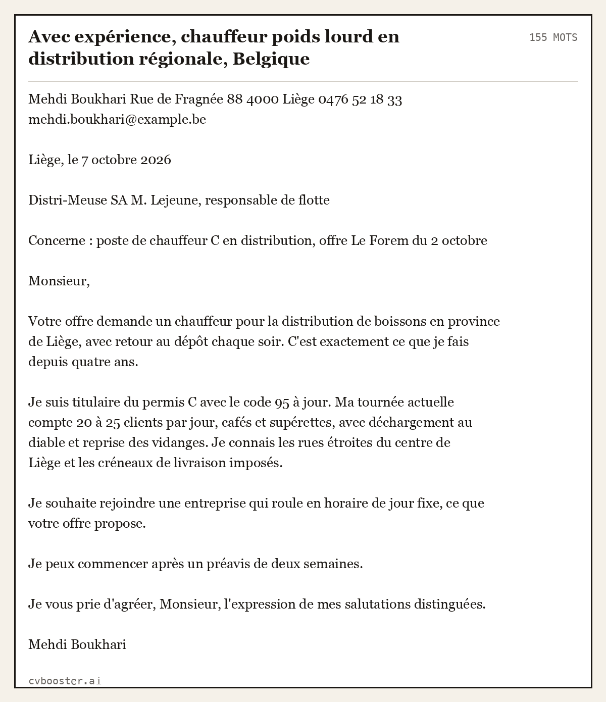 Exemple complet: Avec expérience, chauffeur poids lourd en distribution régionale, Belgique, 155 mots