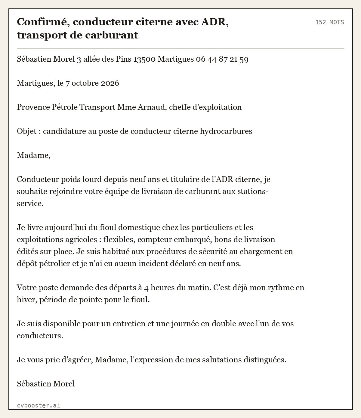 Exemple complet: Confirmé, conducteur citerne avec ADR, transport de carburant, 152 mots