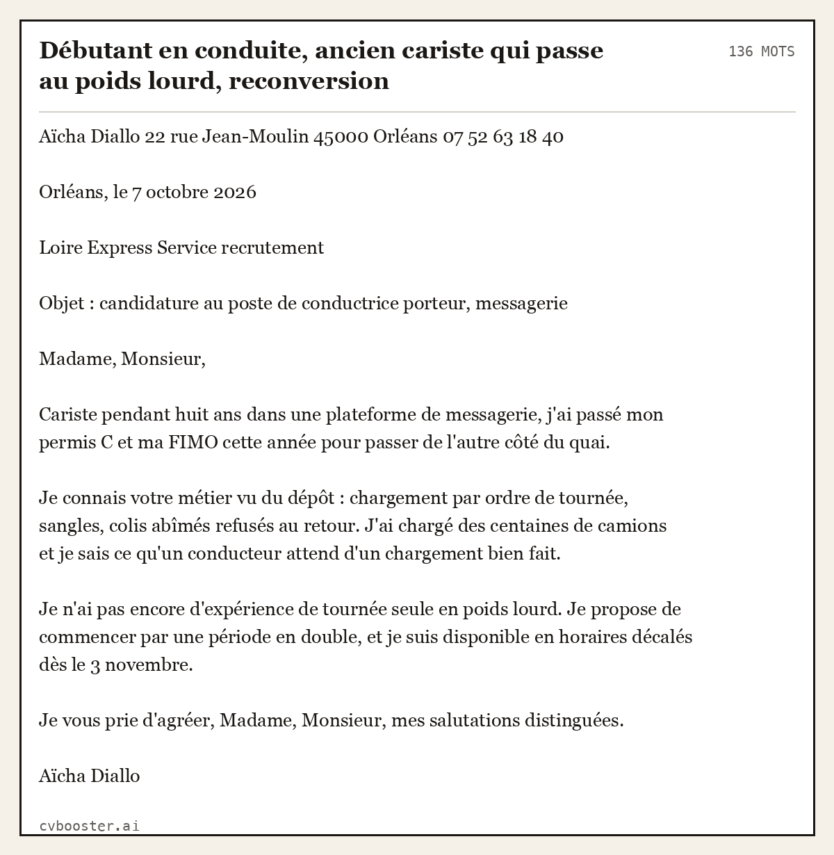 Exemple complet: Débutant en conduite, ancien cariste qui passe au poids lourd, reconversion, 136 mots