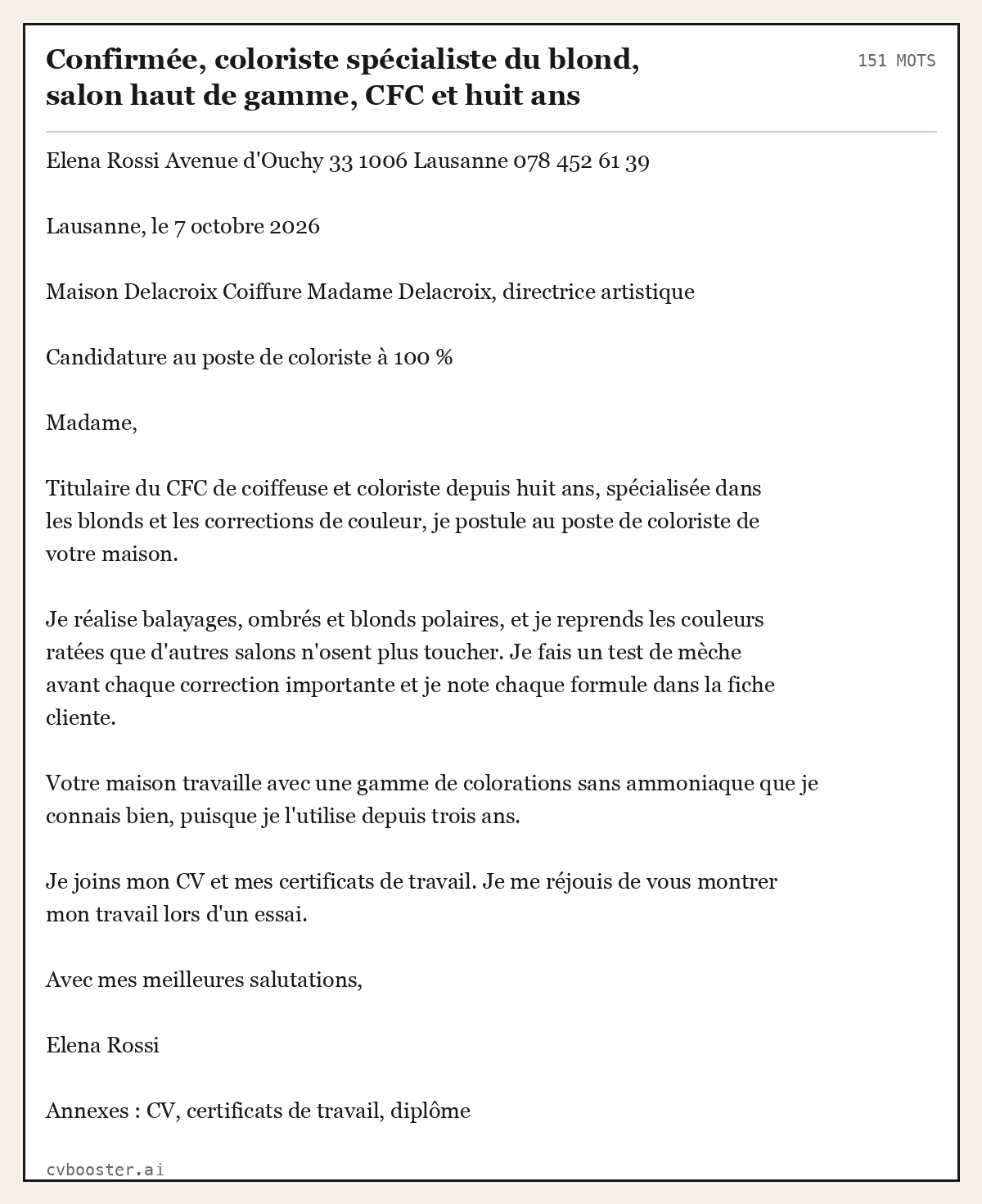 Exemple complet: Confirmée, coloriste spécialiste du blond, salon haut de gamme, CFC et huit ans d'expérience, Lausanne, 151 mots