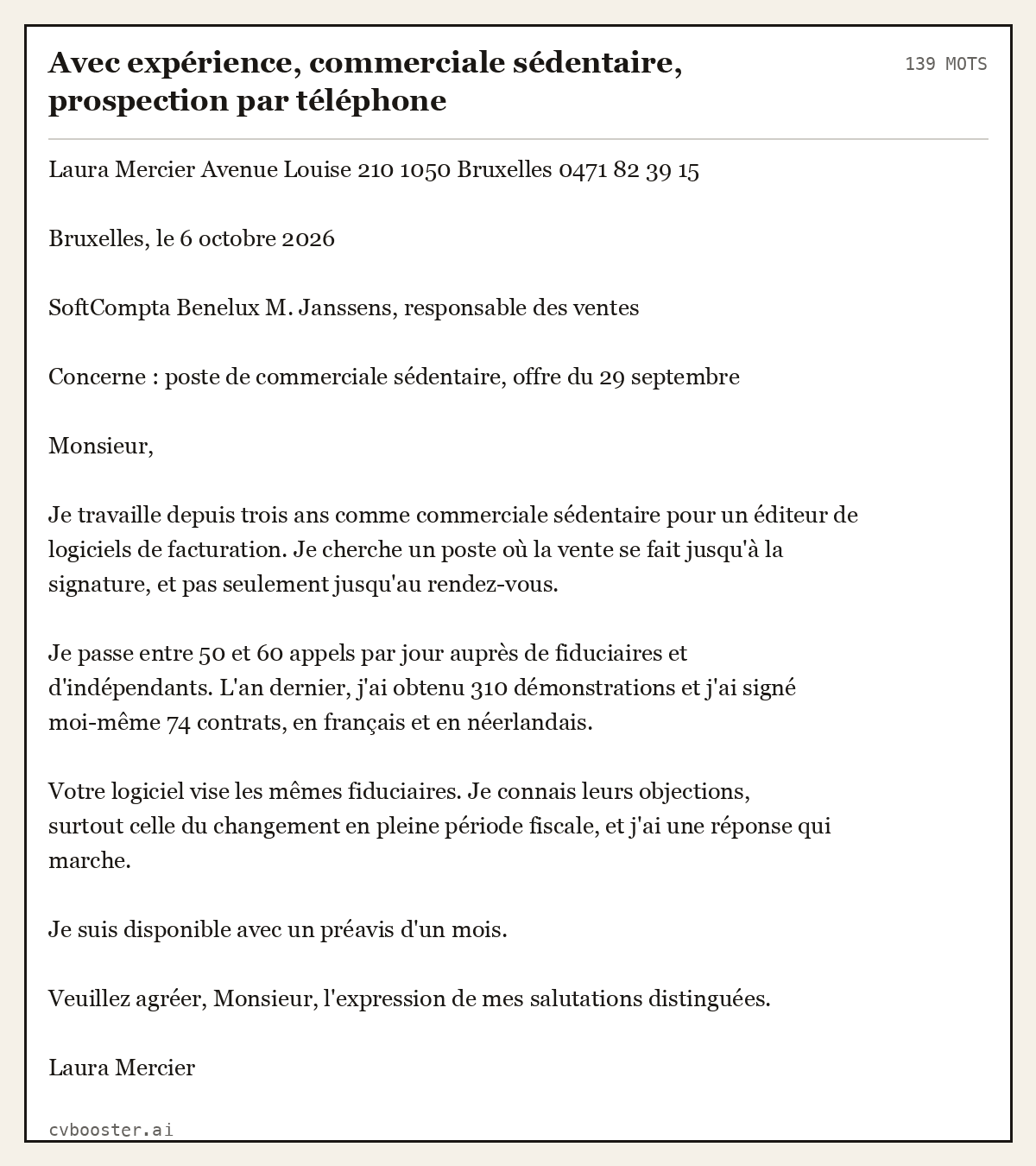 Exemple complet: Avec expérience, commerciale sédentaire, prospection par téléphone, 139 mots