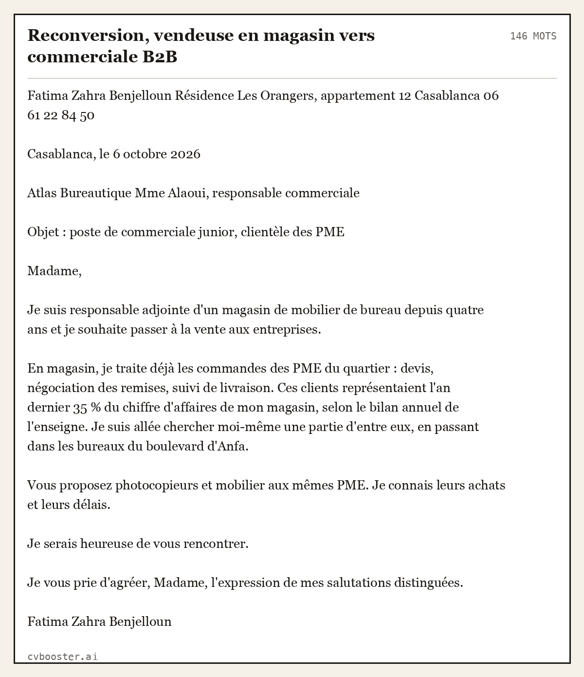 Exemple complet: Reconversion, vendeuse en magasin vers commerciale B2B, 146 mots