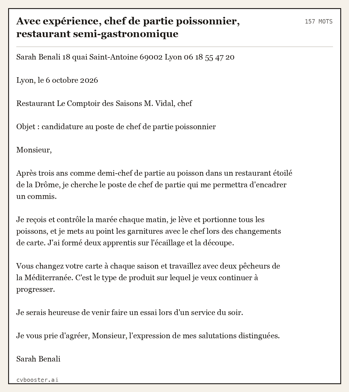 Exemple complet: Avec expérience, chef de partie poissonnier, restaurant semi-gastronomique, 157 mots