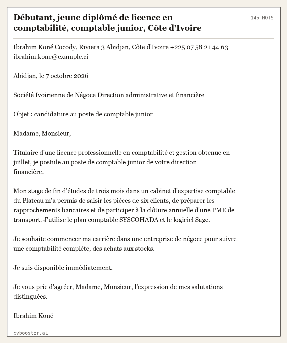Exemple complet: Débutant, jeune diplômé de licence en comptabilité, comptable junior, Côte d'Ivoire, 145 mots