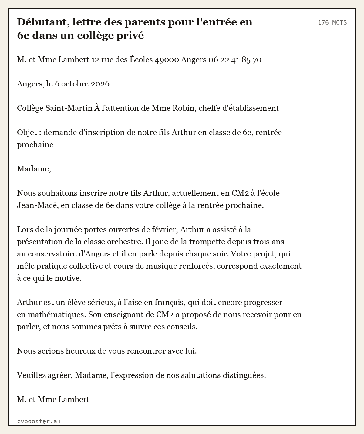 Exemple complet: Débutant, lettre des parents pour l'entrée en 6e dans un collège privé, 176 mots