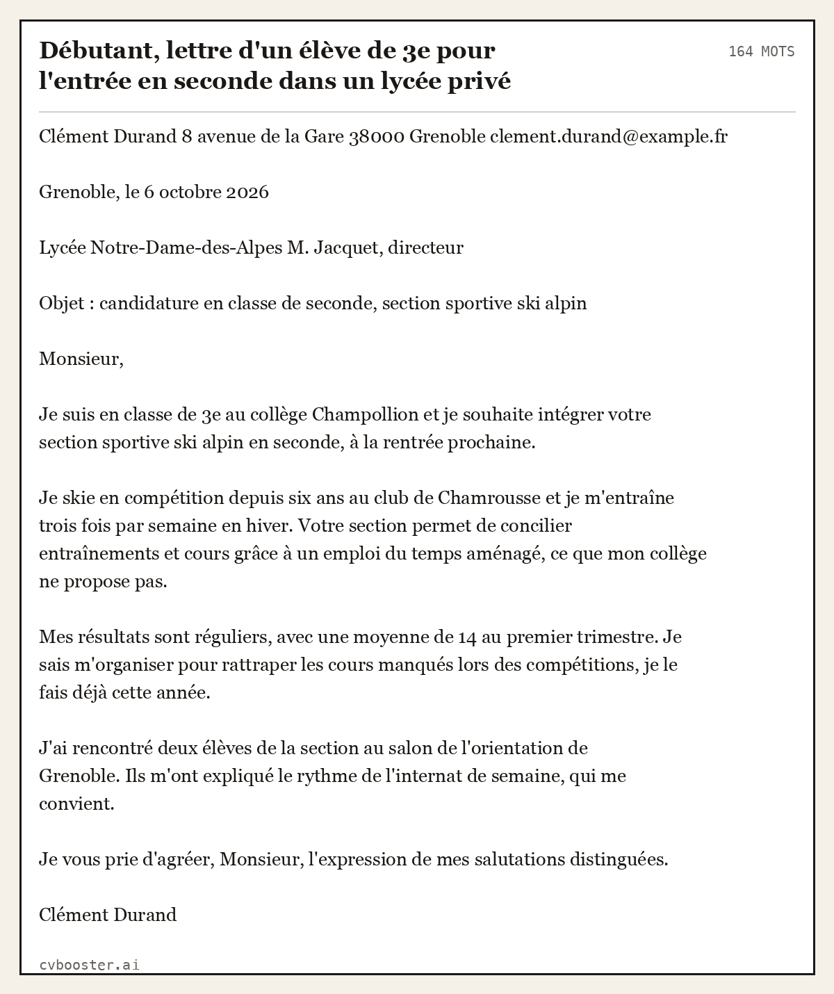 Exemple complet: Débutant, lettre d'un élève de 3e pour l'entrée en seconde dans un lycée privé, 164 mots
