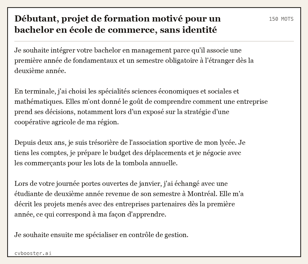 Exemple complet: Débutant, projet de formation motivé pour un bachelor en école de commerce, sans identité, 150 mots