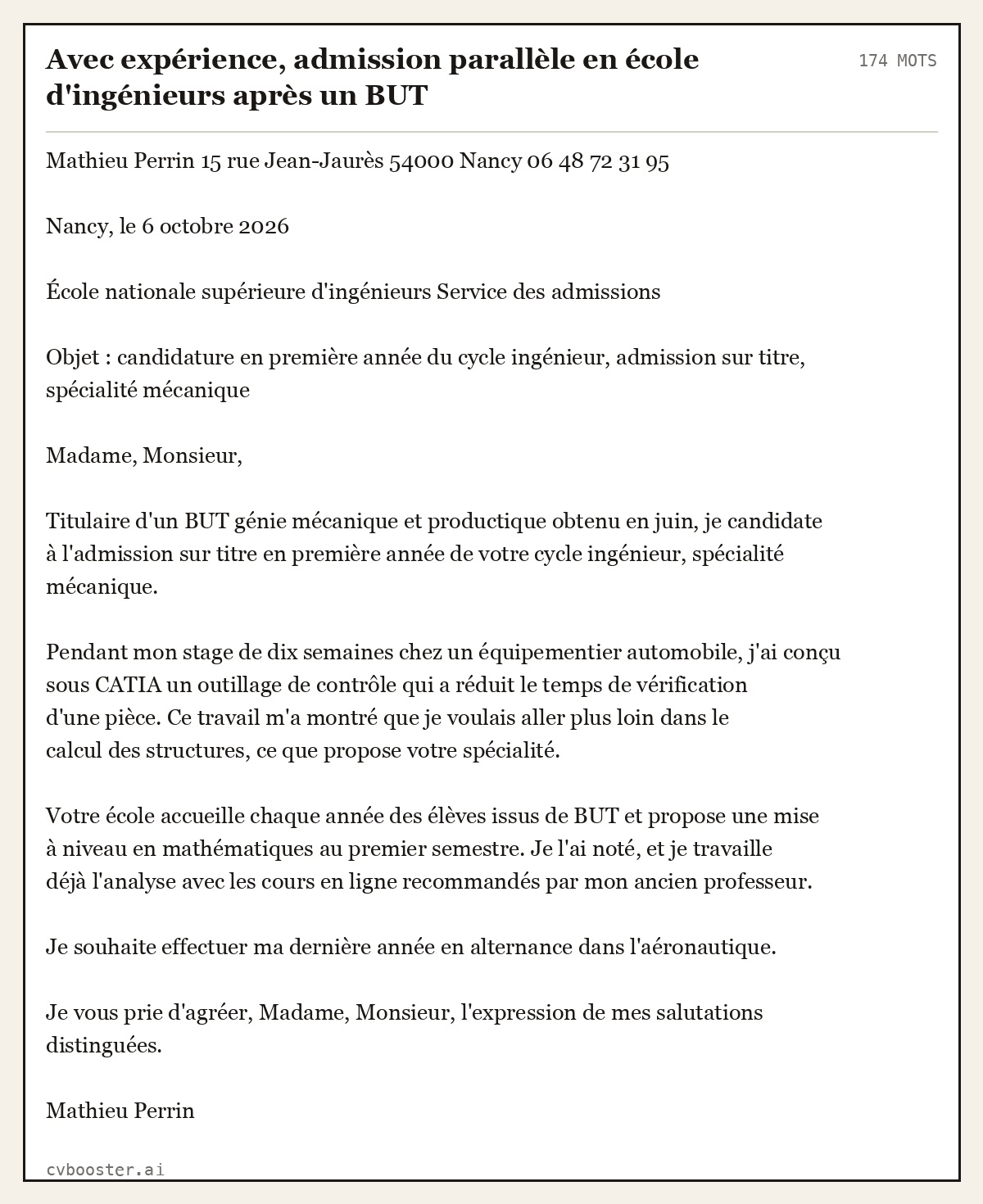 Exemple complet: Avec expérience, admission parallèle en école d'ingénieurs après un BUT, 174 mots
