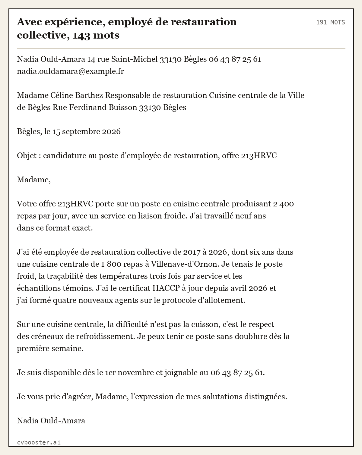Exemple complet: Avec expérience, employé de restauration collective, 143 mots, 191 mots